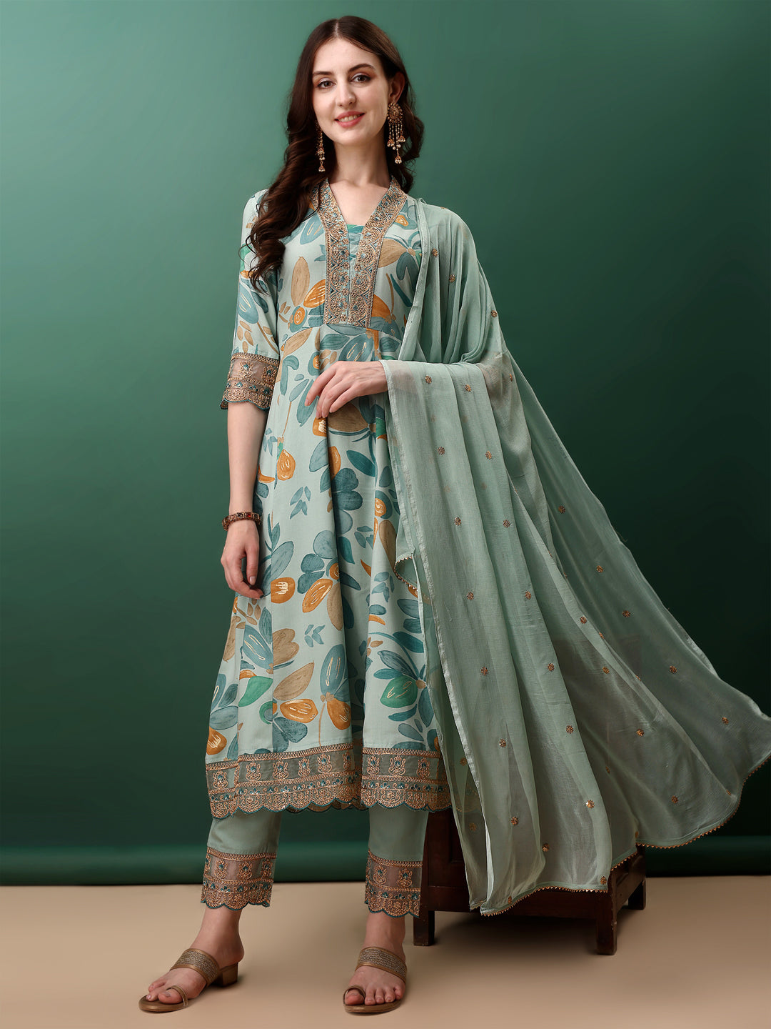 Embroidered & Floral Printed Flared Kurta with pant & dupatta