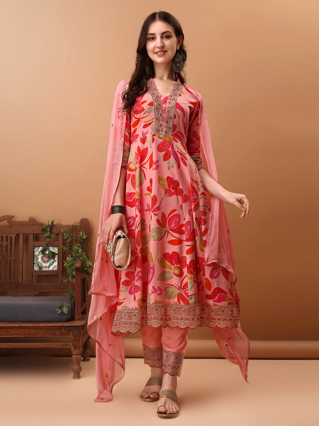 Embroidered & Floral Printed Flared Kurta with pant & dupatta