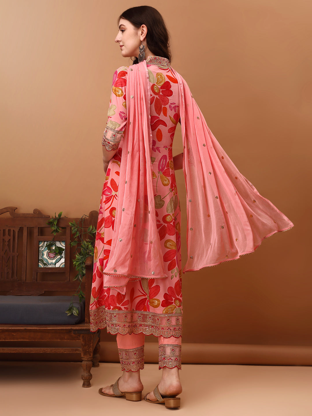 Embroidered & Floral Printed Flared Kurta with pant & dupatta