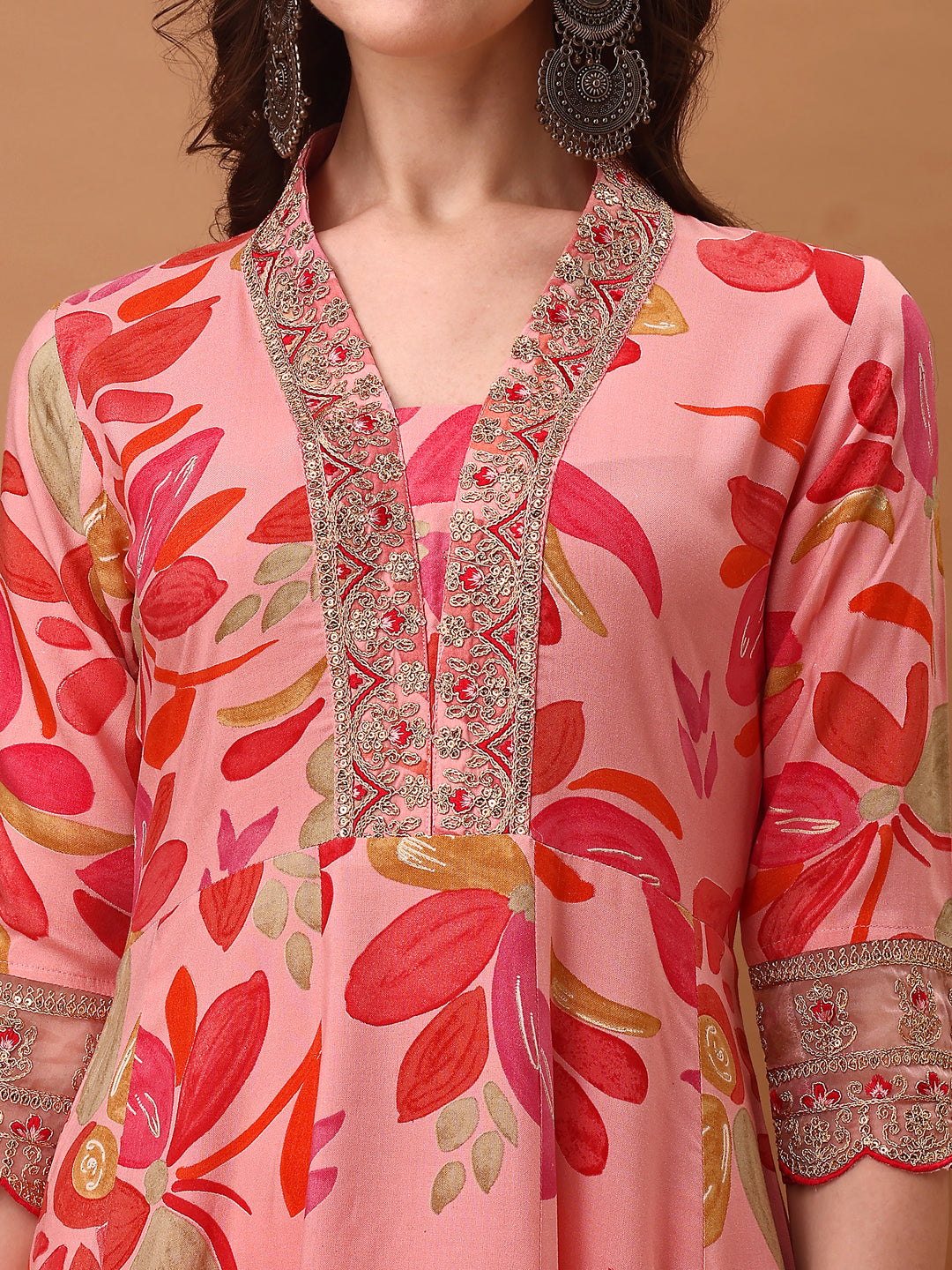 Embroidered & Floral Printed Flared Kurta with pant & dupatta