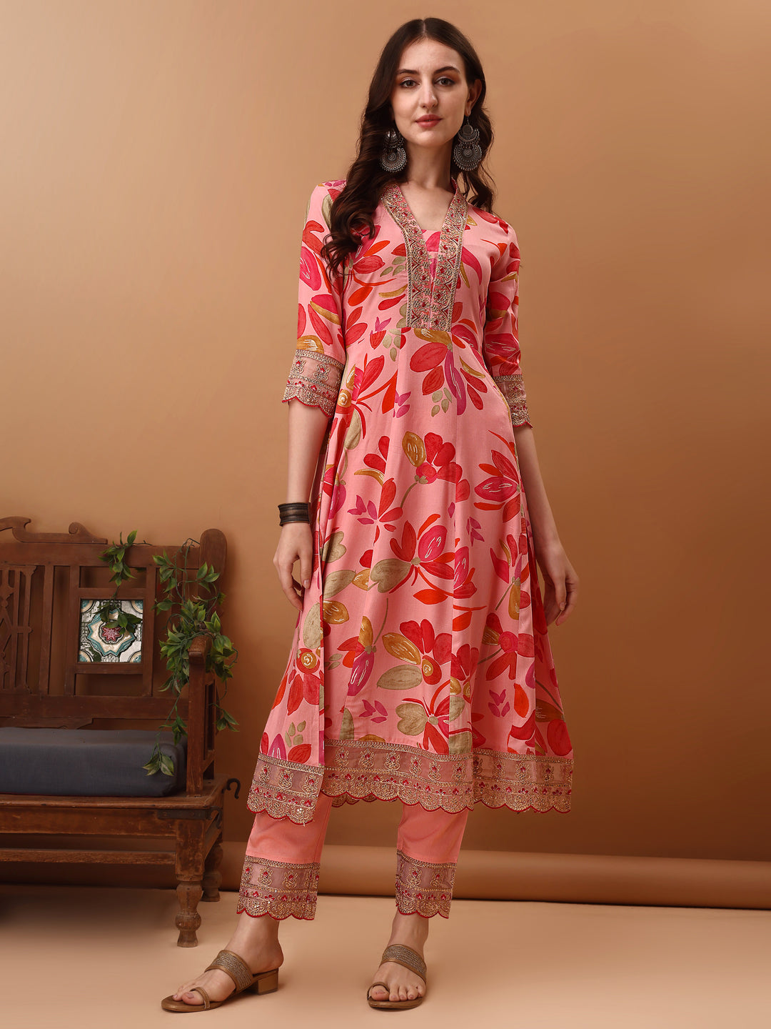 Embroidered & Floral Printed Flared Kurta with pant & dupatta