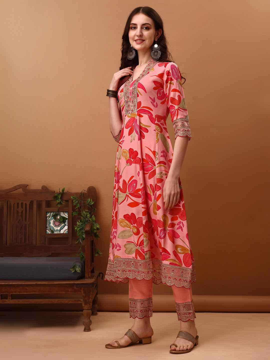 Embroidered & Floral Printed Flared Kurta with pant & dupatta