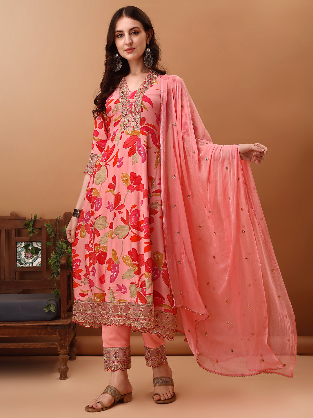 Embroidered & Floral Printed Flared Kurta with pant & dupatta