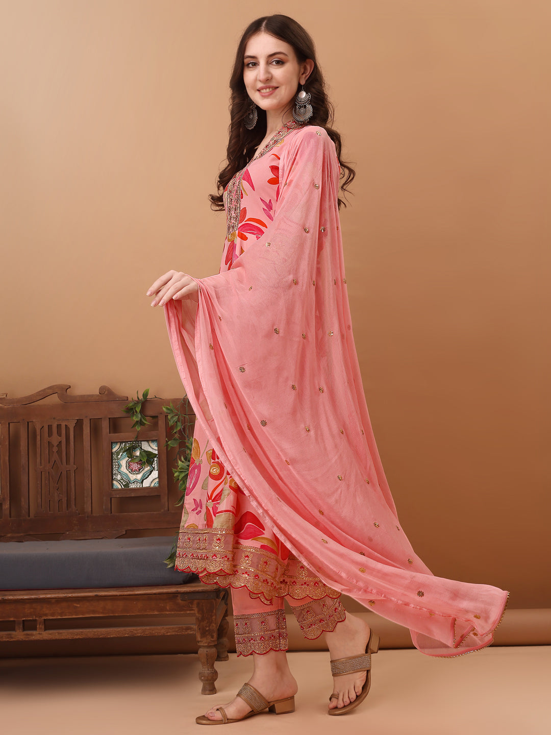 Embroidered & Floral Printed Flared Kurta with pant & dupatta