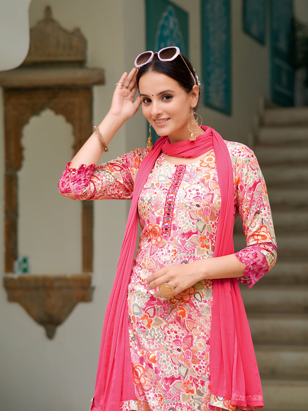 Embroidered & Floral printed Kurta with pant & dupatta