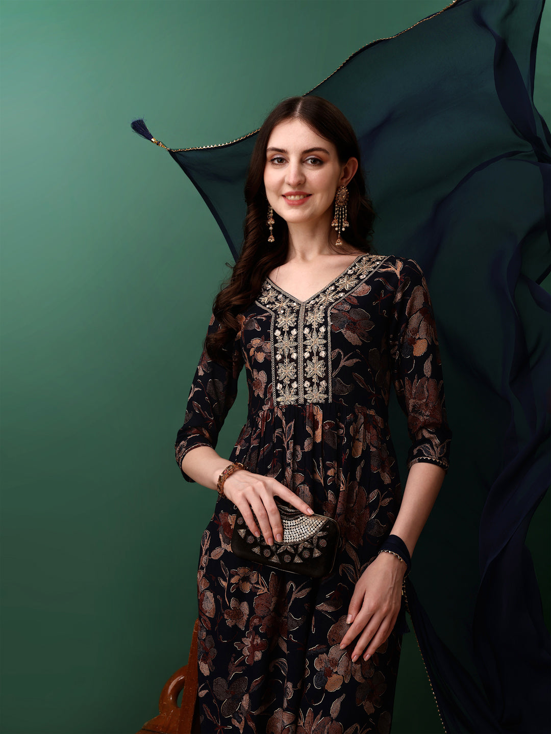 Flared Embroidered & Floral Printed kurta with pant & dupatta