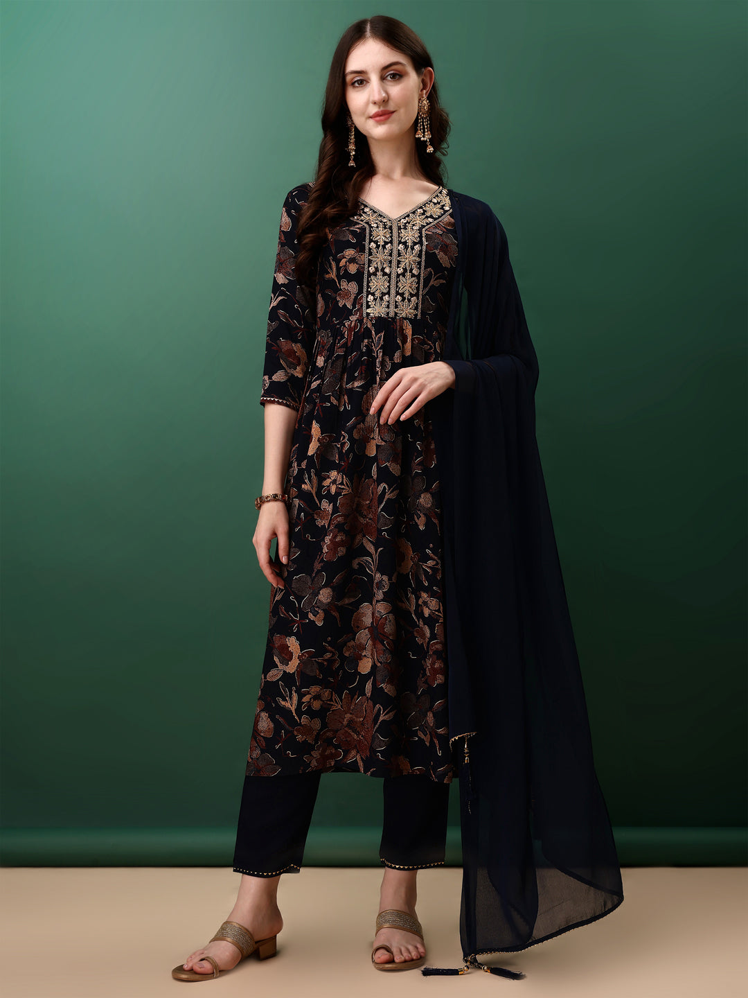 Flared Embroidered & Floral Printed kurta with pant & dupatta