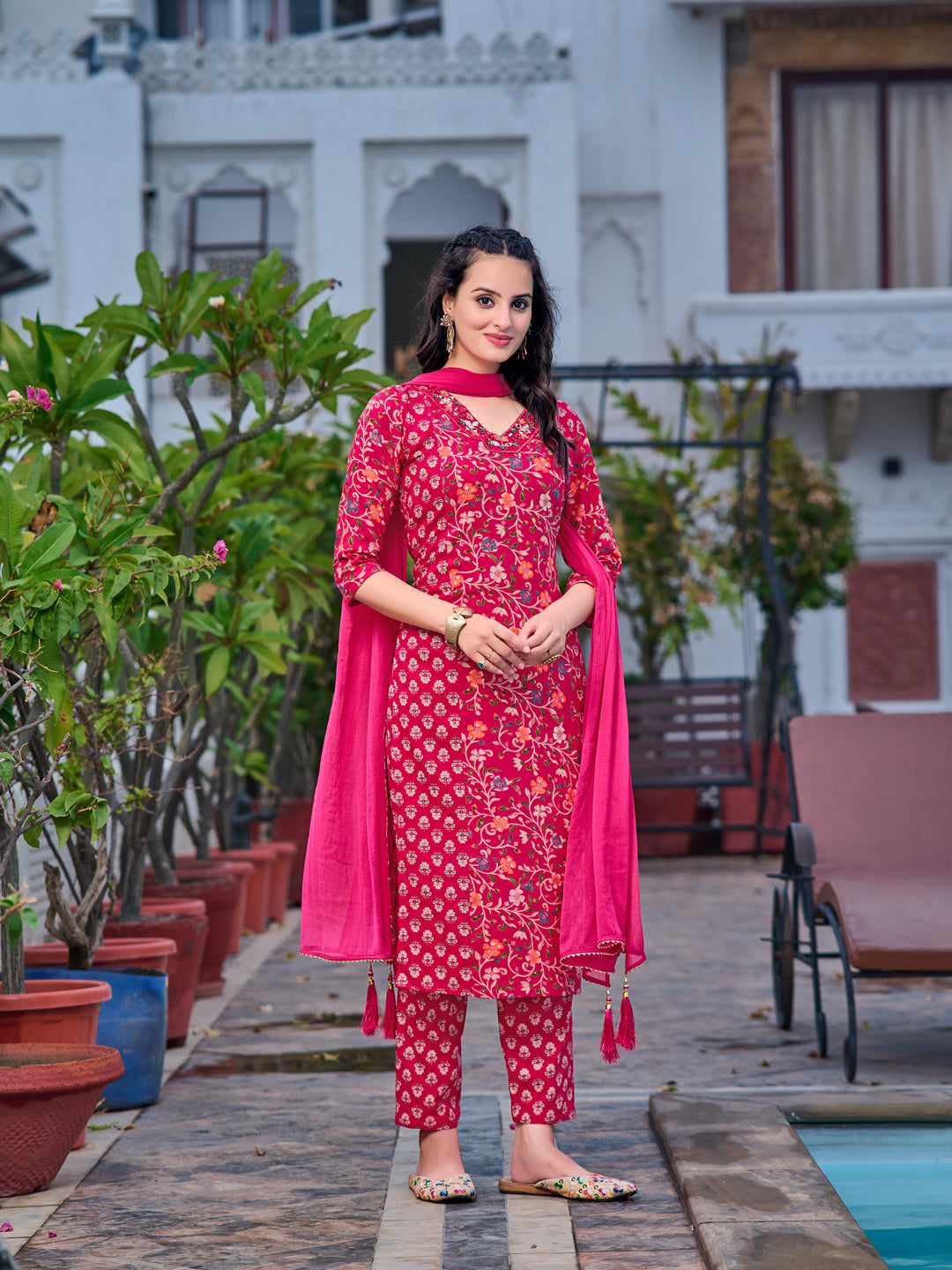 Mirror Embroidery & Floral Printed kurta with pant & Dupatta