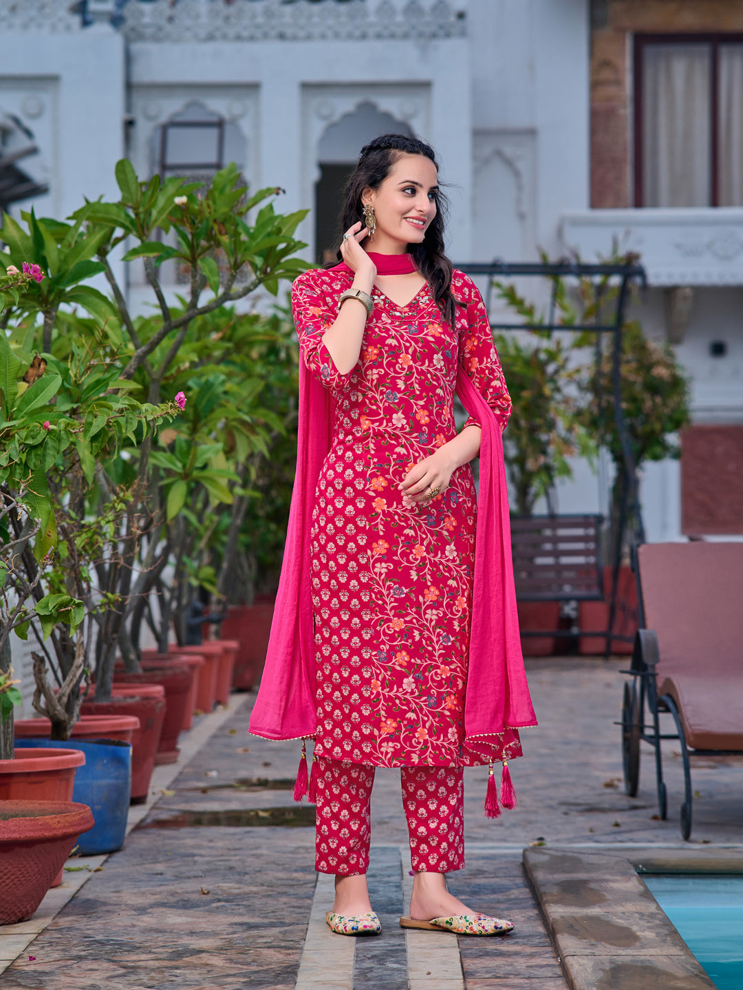 Mirror Embroidery & Floral Printed kurta with pant & Dupatta