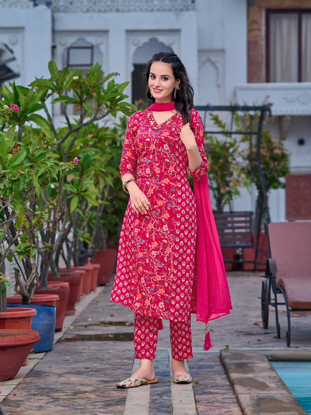 Mirror Embroidery & Floral Printed kurta with pant & Dupatta