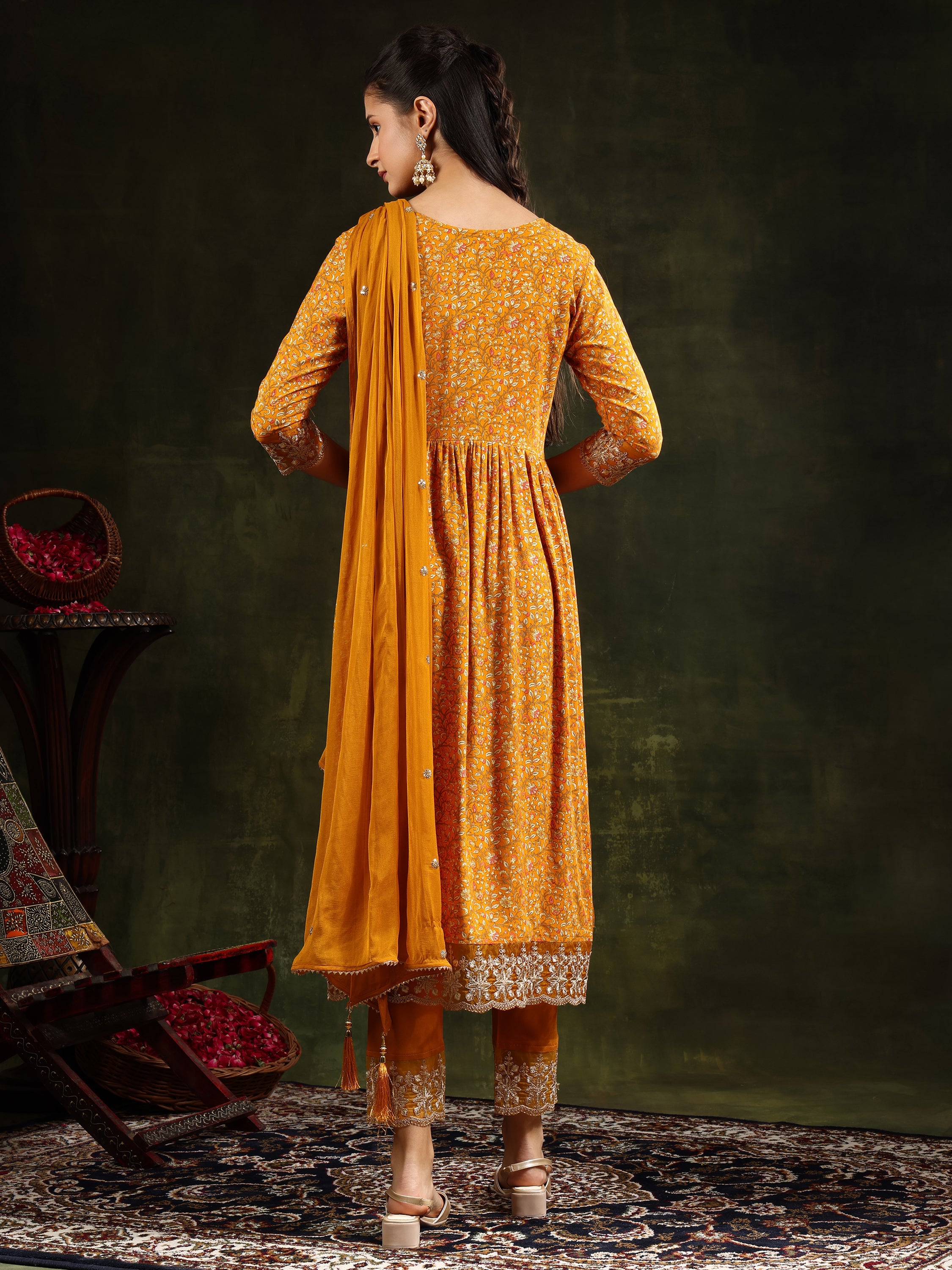 Nyra Cut Embroidered & Floral Printed kurta with pant &  Embroidered Dupatta