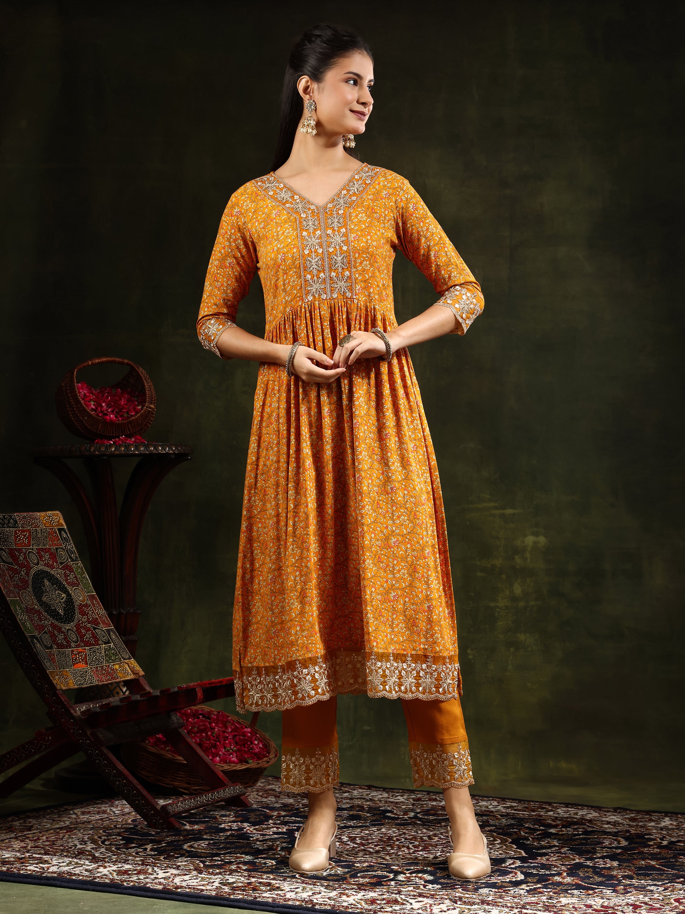 Nyra Cut Embroidered & Floral Printed kurta with pant &  Embroidered Dupatta