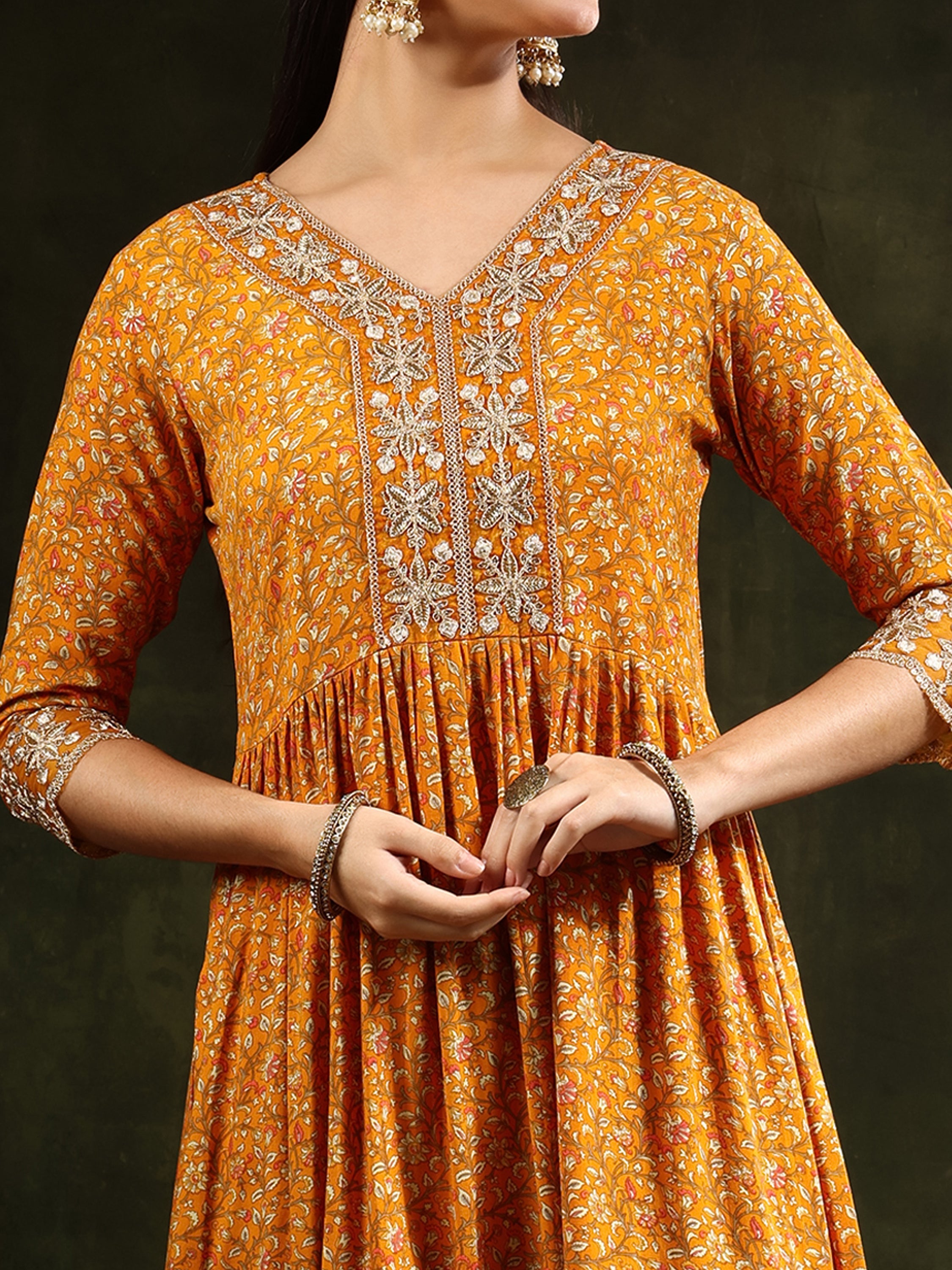 Nyra Cut Embroidered & Floral Printed kurta with pant &  Embroidered Dupatta