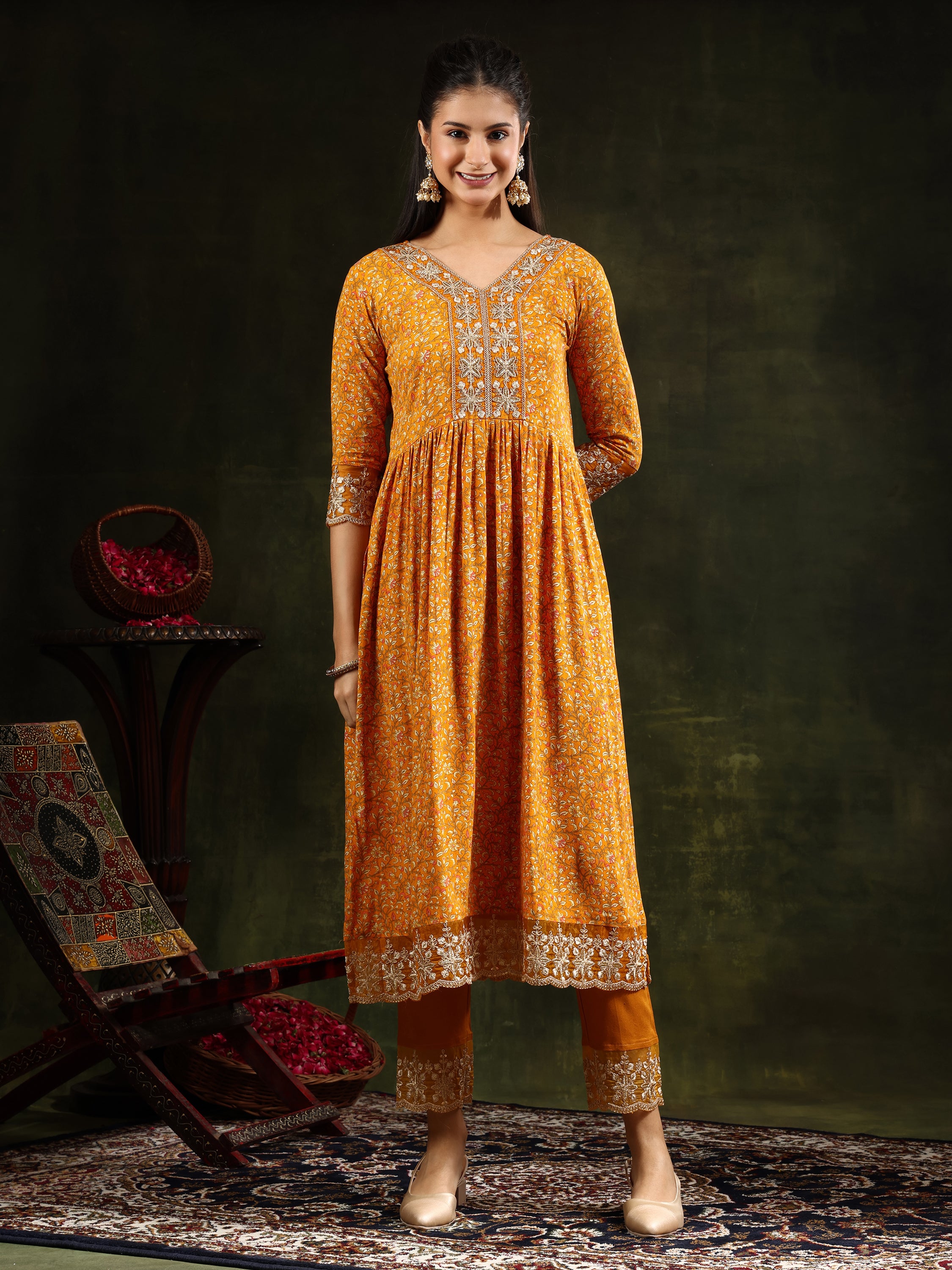 Nyra Cut Embroidered & Floral Printed kurta with pant &  Embroidered Dupatta