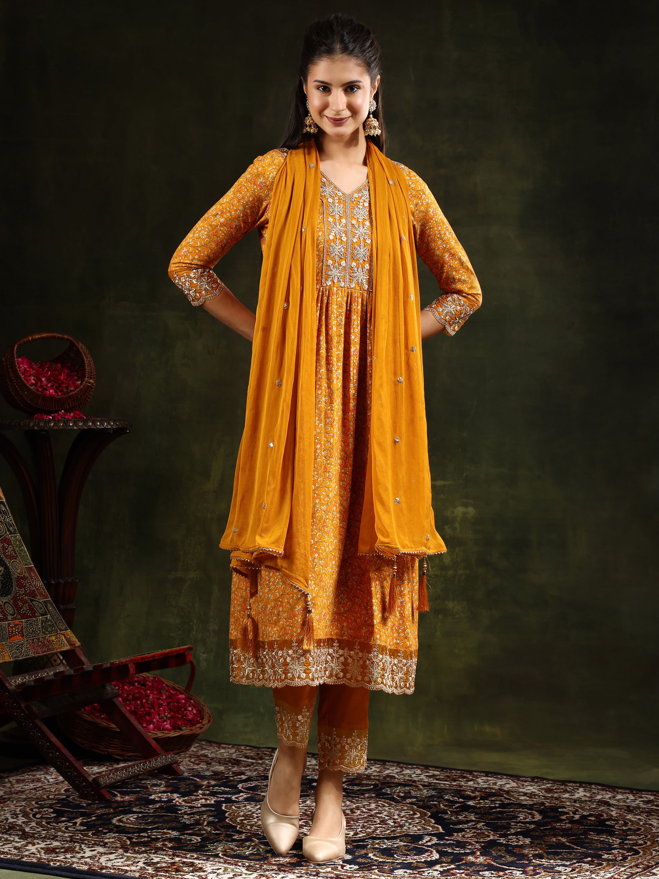 Nyra Cut Embroidered & Floral Printed kurta with pant &  Embroidered Dupatta