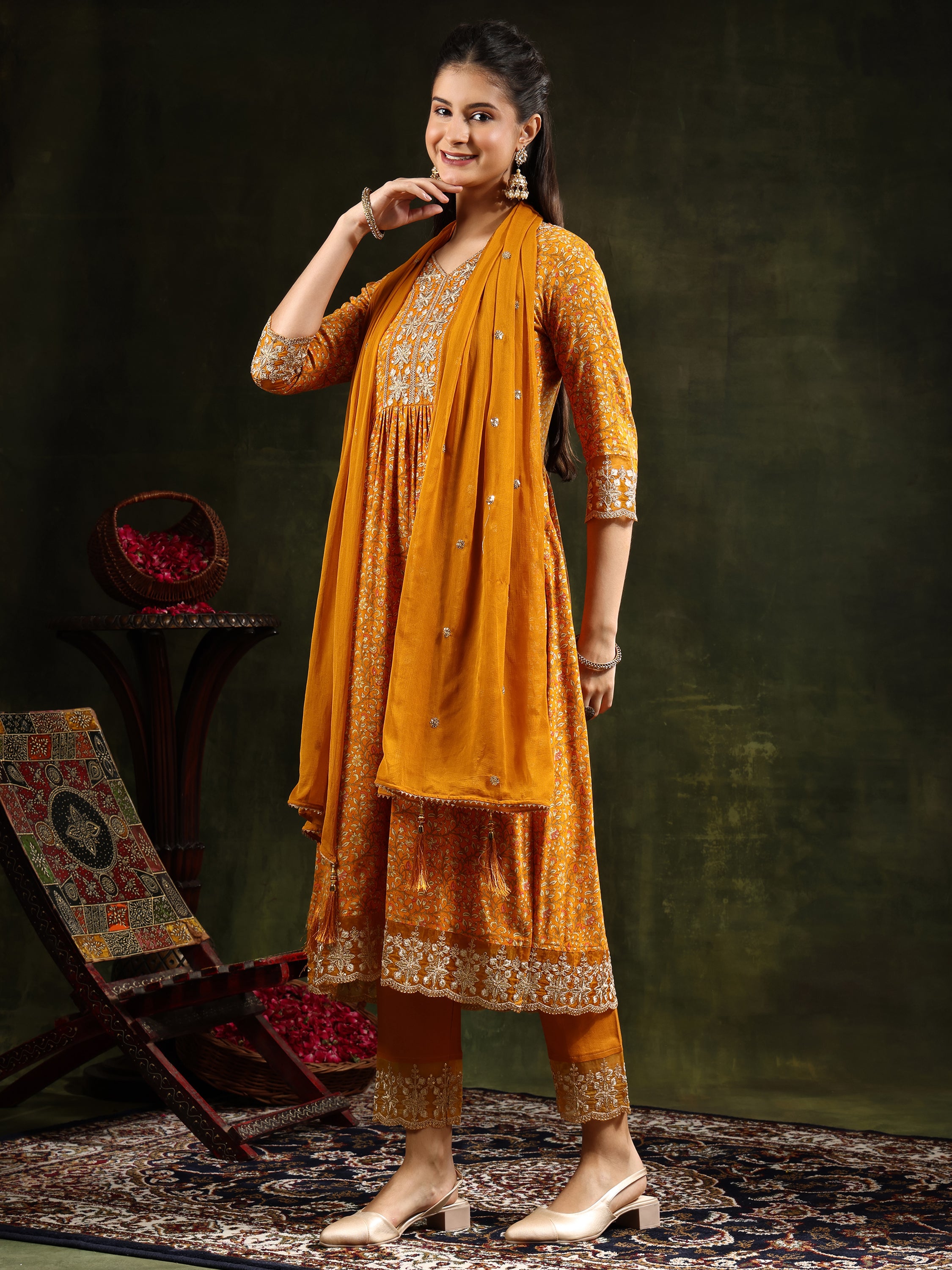 Nyra Cut Embroidered & Floral Printed kurta with pant &  Embroidered Dupatta