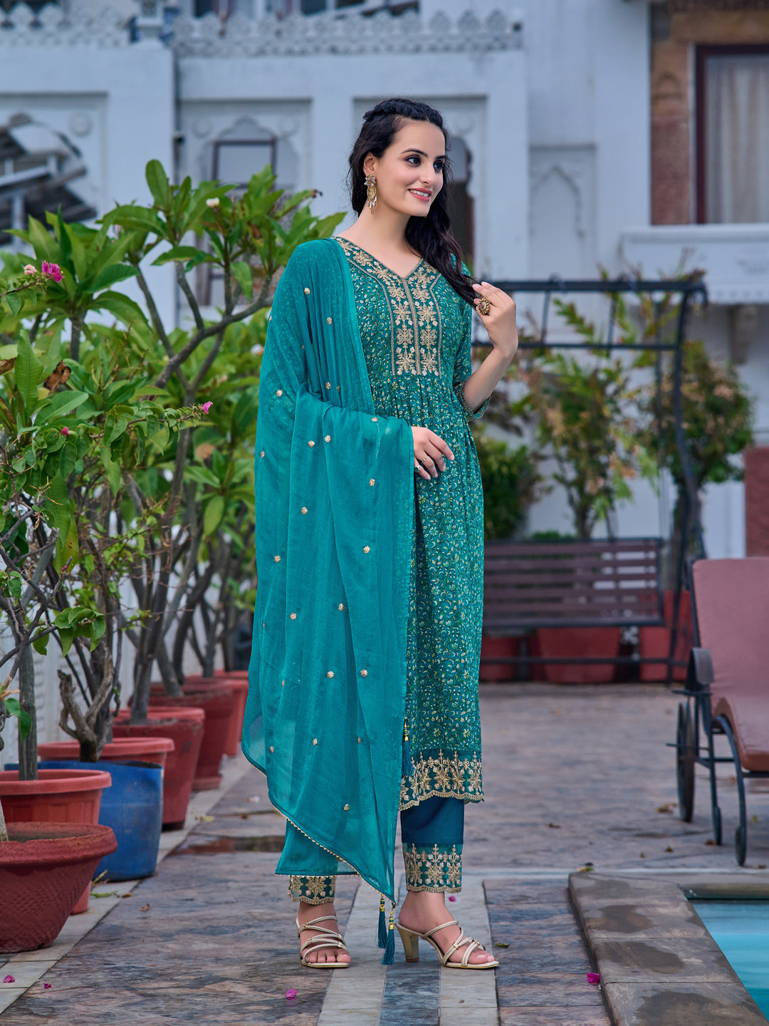 Nyra Cut Embroidered & Floral Printed kurta with pant &  Embroidered Dupatta