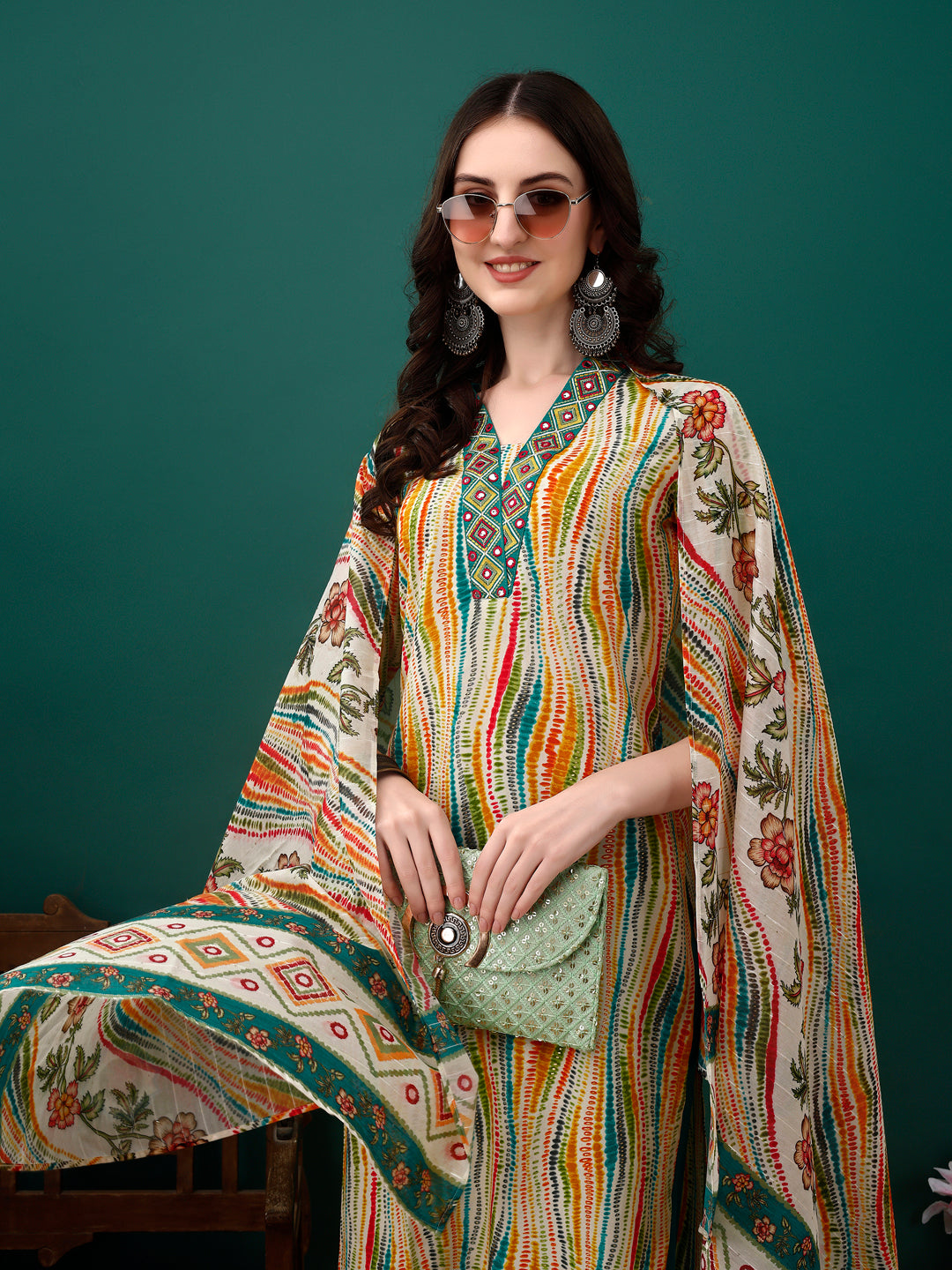 Mirror Embroidery and Shibori Printed Kurta with pant & dupatta