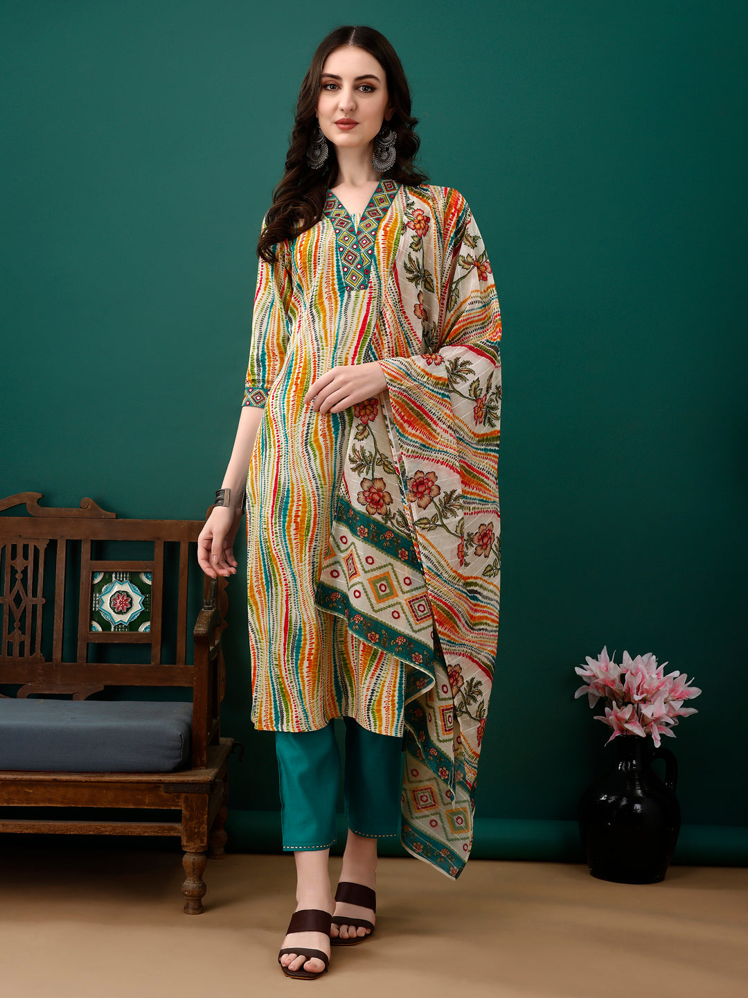 Mirror Embroidery and Shibori Printed Kurta with pant & dupatta