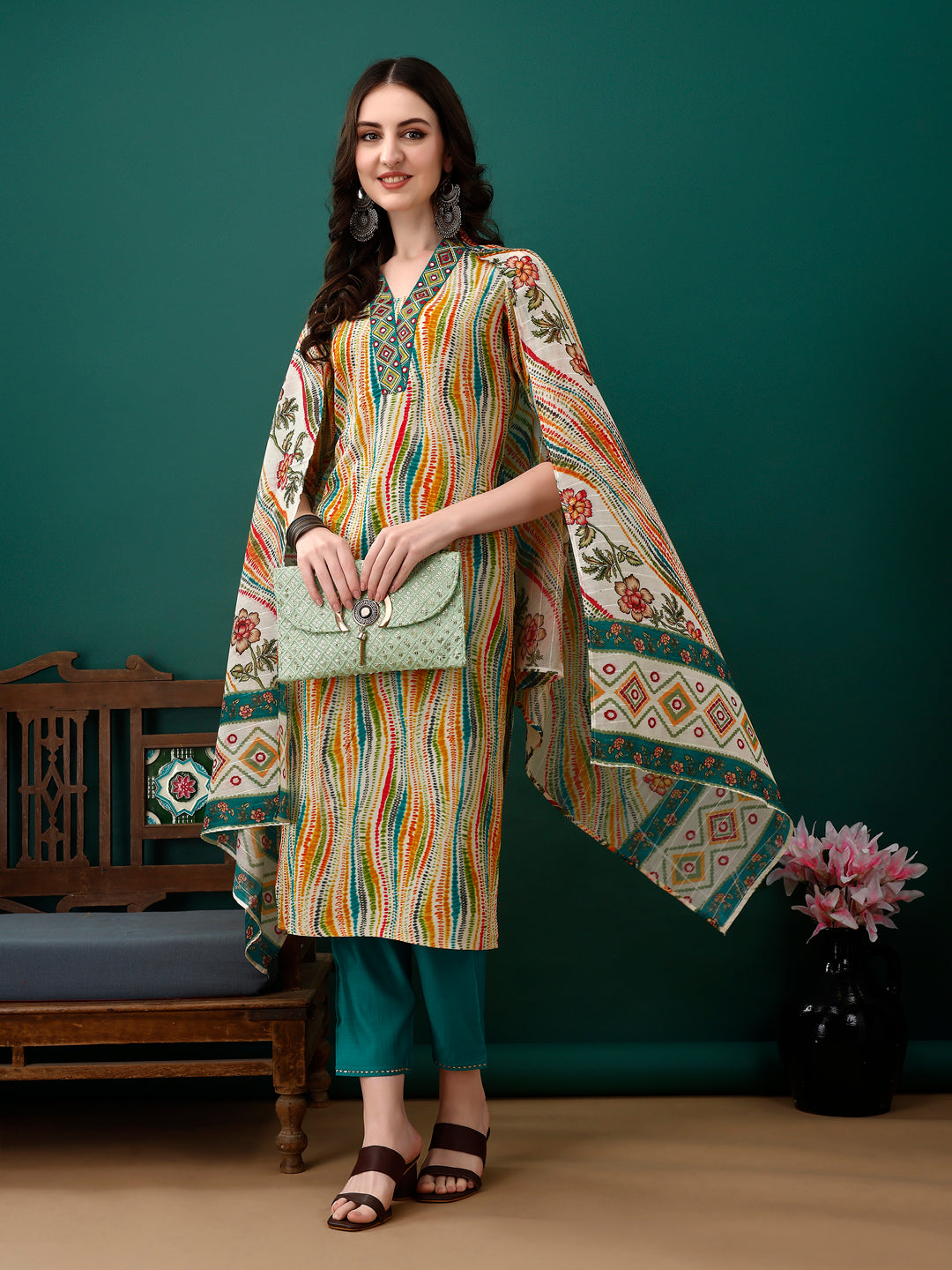 Mirror Embroidery and Shibori Printed Kurta with pant & dupatta