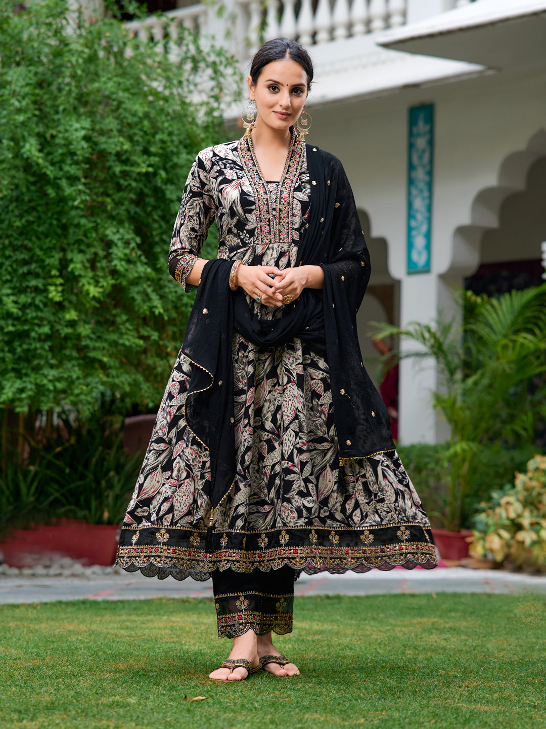 Embroidered & Botanical Printed Anarkali kurta with pant & Embroidered Dupatta