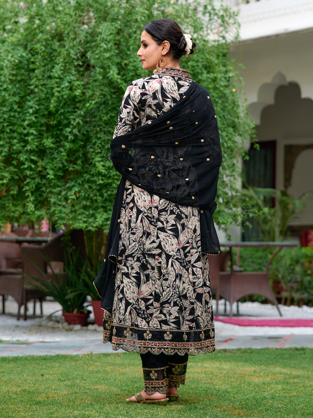 Embroidered & Botanical Printed Anarkali kurta with pant & Embroidered Dupatta