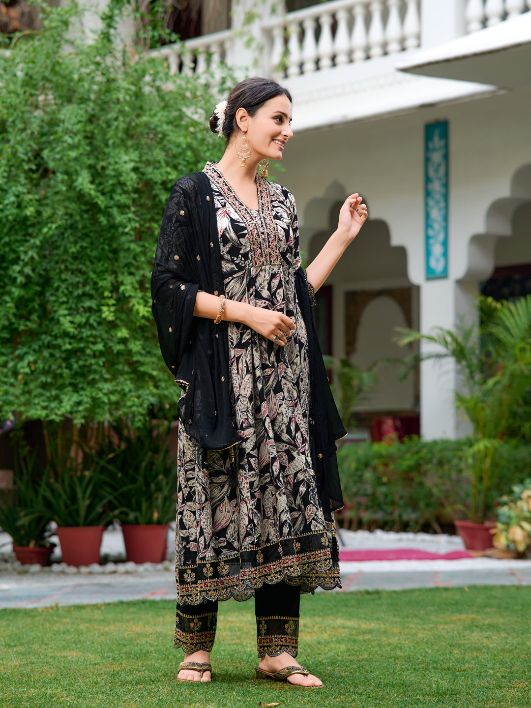 Embroidered & Botanical Printed Anarkali kurta with pant & Embroidered Dupatta