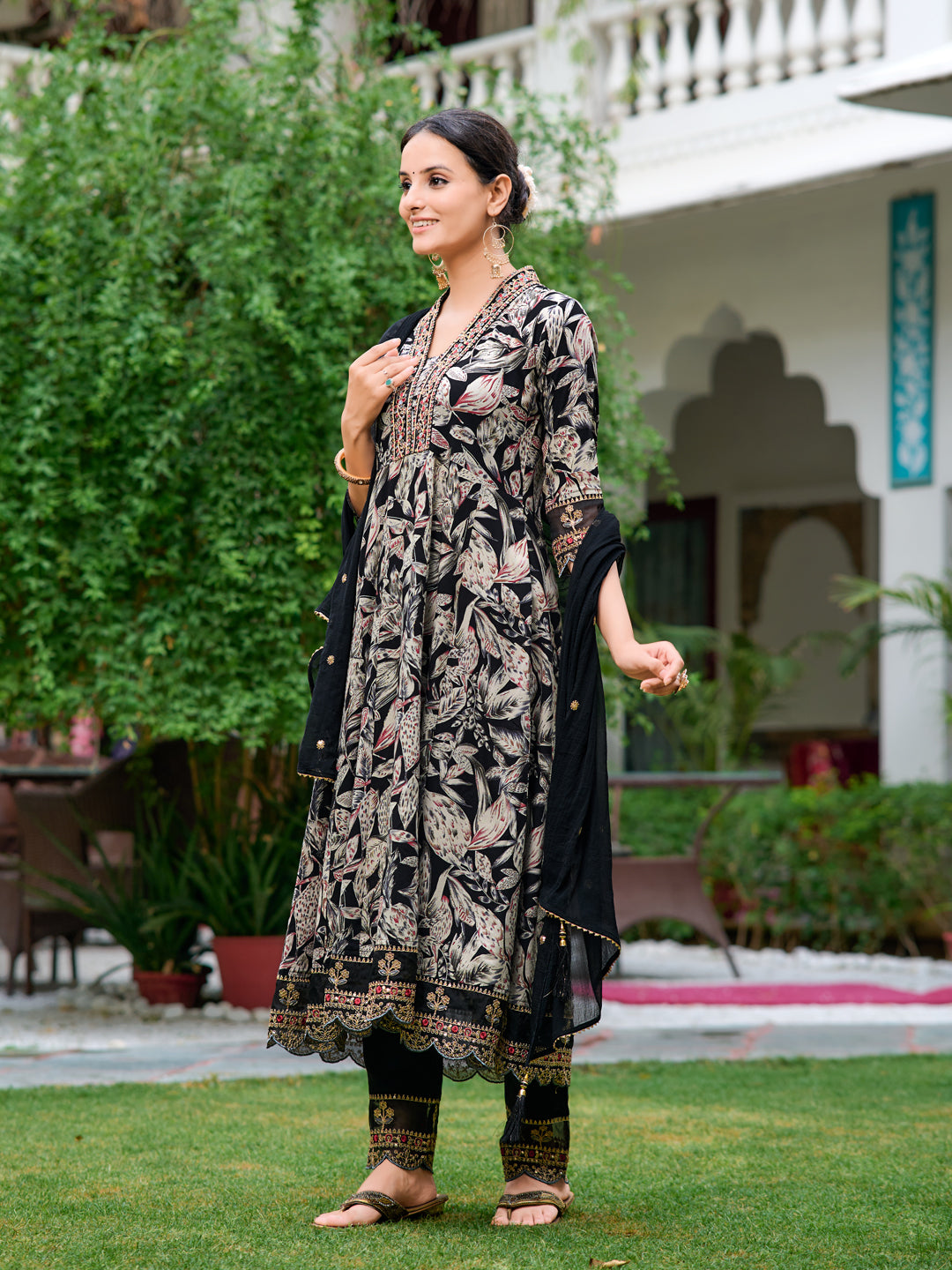 Embroidered & Botanical Printed Anarkali kurta with pant & Embroidered Dupatta