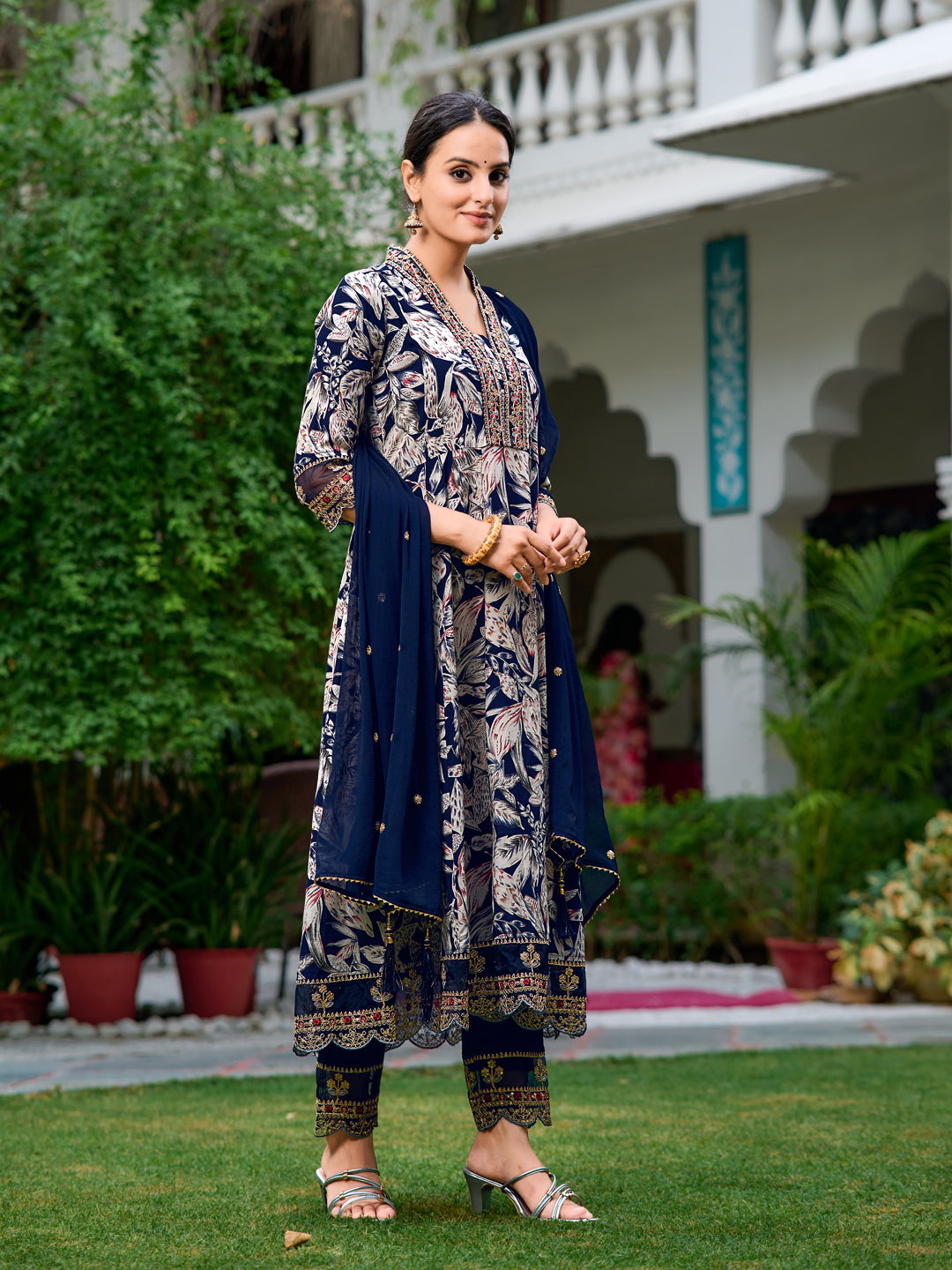 Embroidered & Botanical Printed Anarkali kurta with pant & Embroidered Dupatta