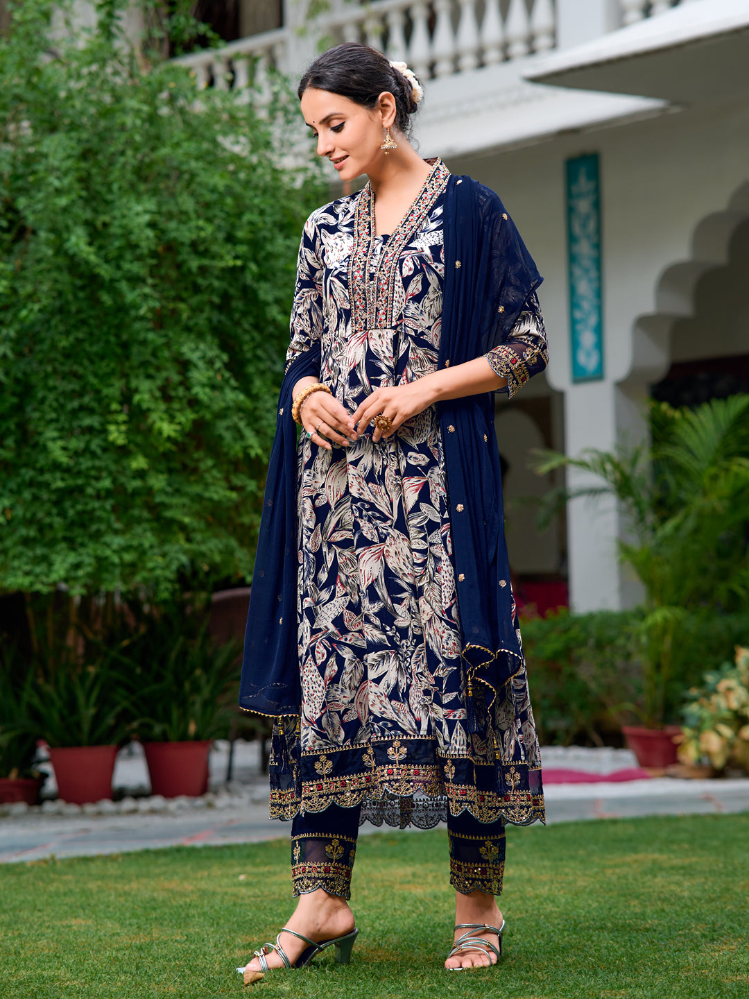 Embroidered & Botanical Printed Anarkali kurta with pant & Embroidered Dupatta