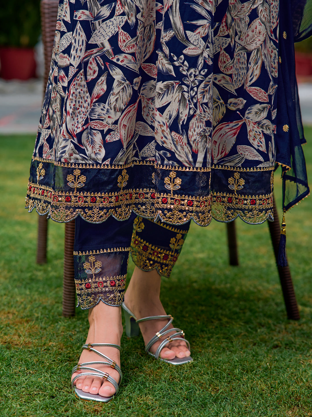 Embroidered & Botanical Printed Anarkali kurta with pant & Embroidered Dupatta