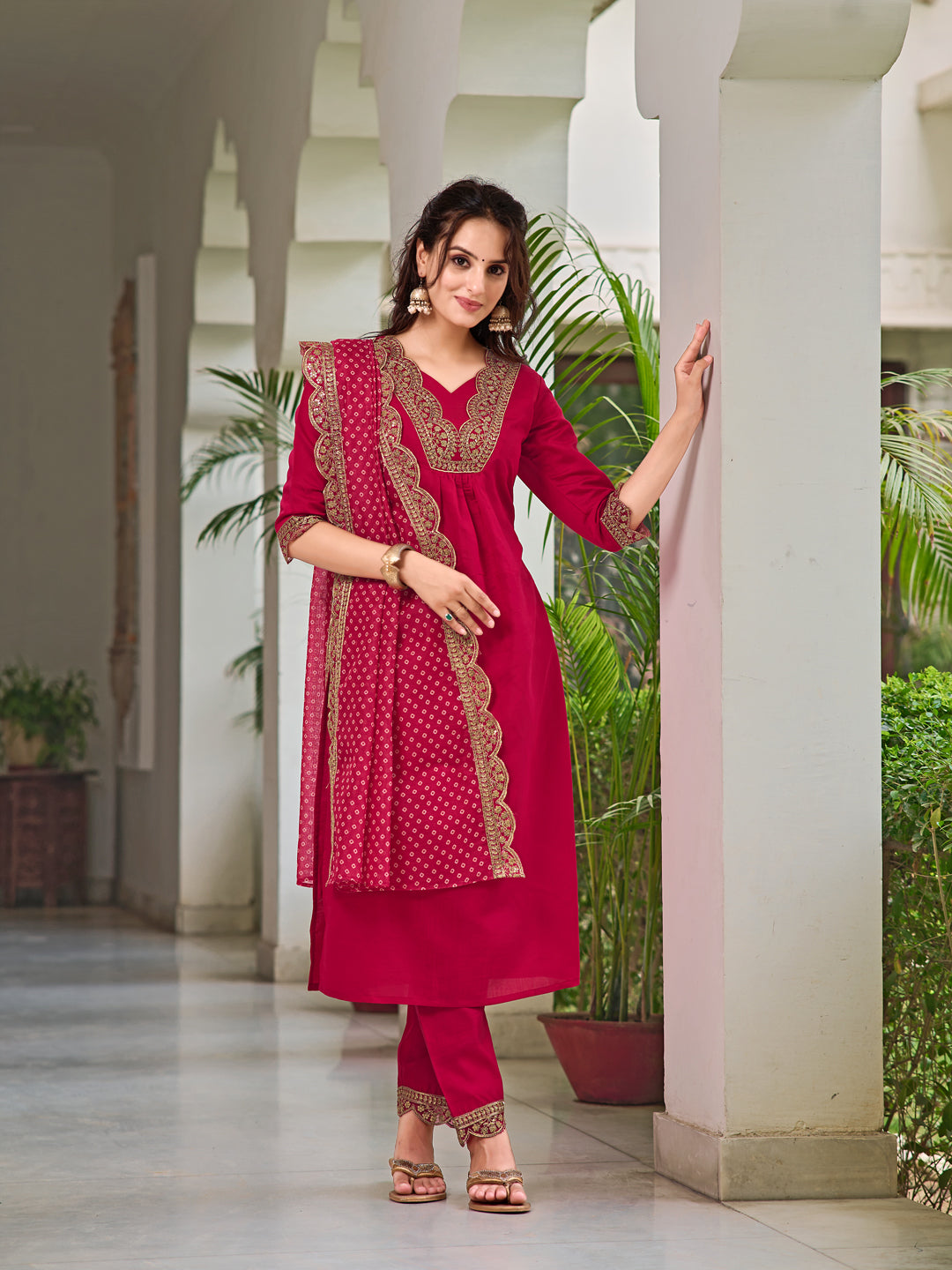 Embroidered Kurta with pant & Bandhani printed Embroidered Dupatta