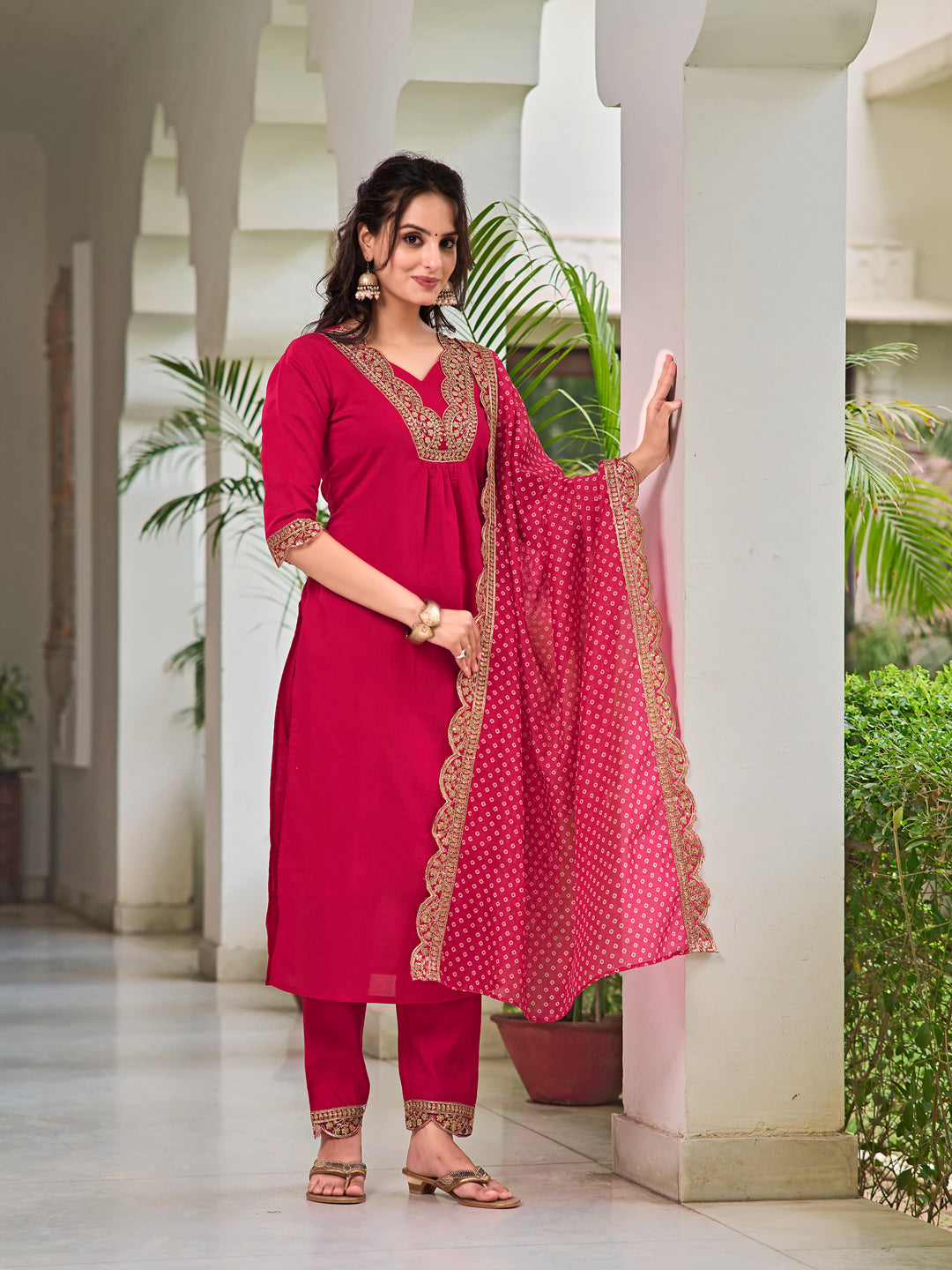 Embroidered Kurta with pant & Bandhani printed Embroidered Dupatta