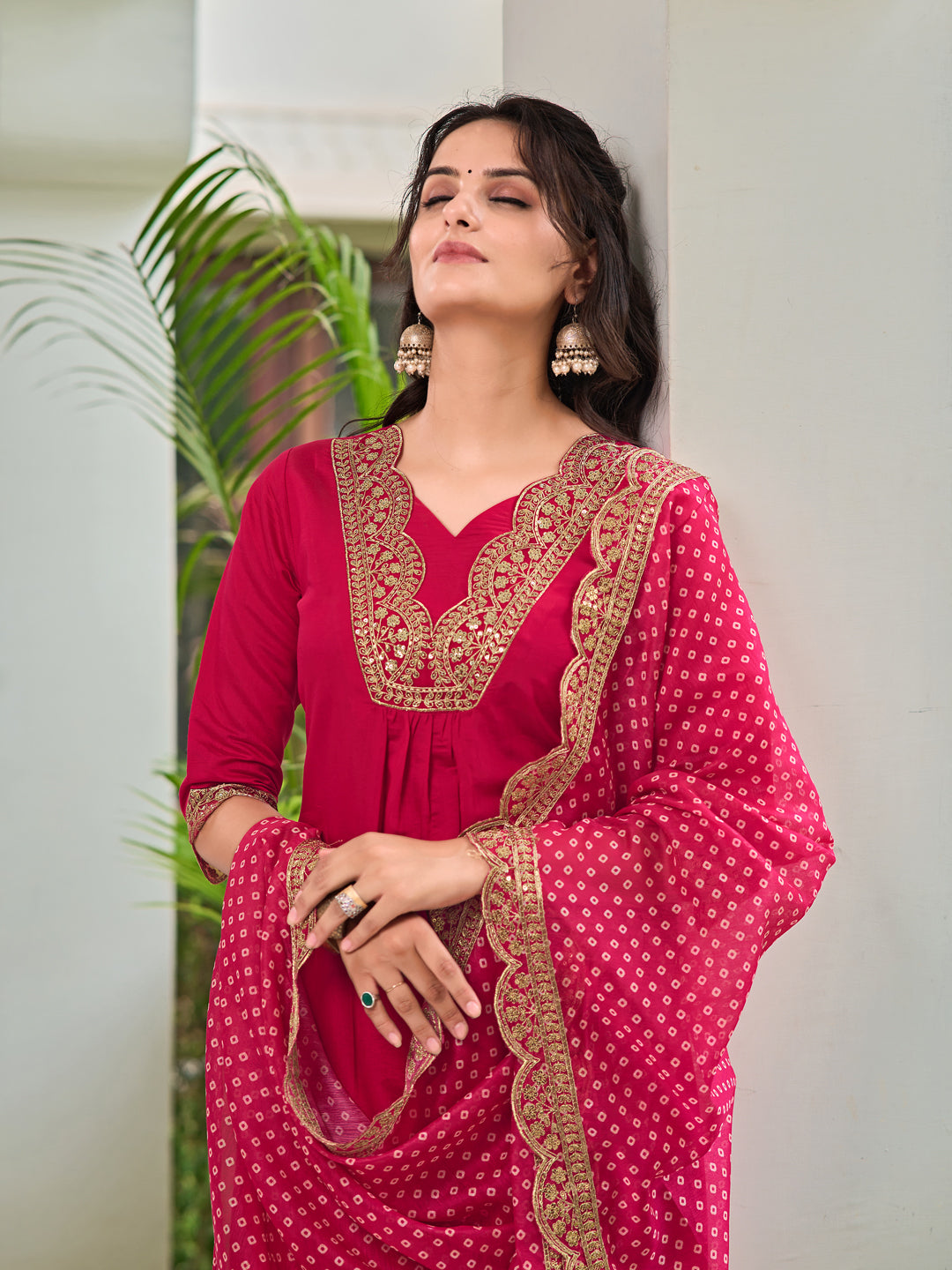 Embroidered Kurta with pant & Bandhani printed Embroidered Dupatta