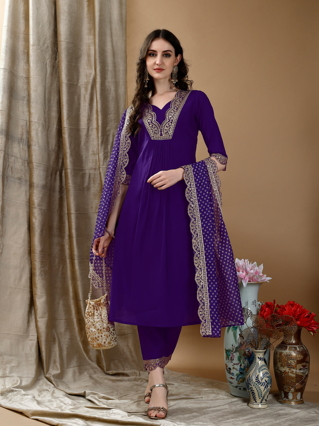 Embroidered Kurta with pant & Bandhani printed Embroidered Dupatta