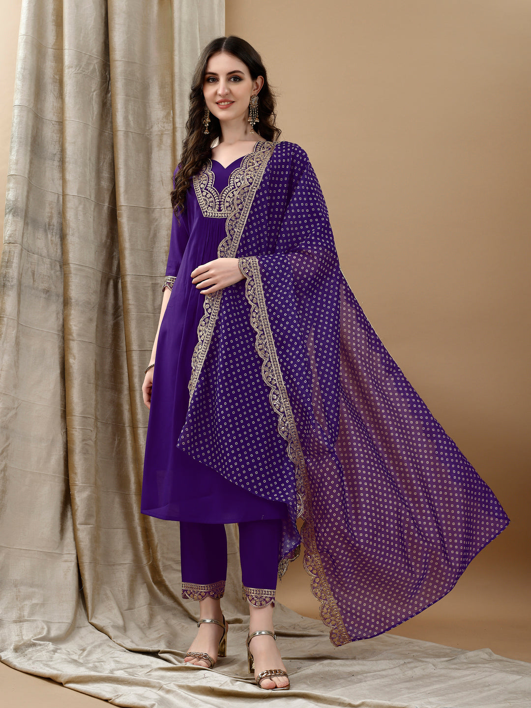 Embroidered Kurta with pant & Bandhani printed Embroidered Dupatta