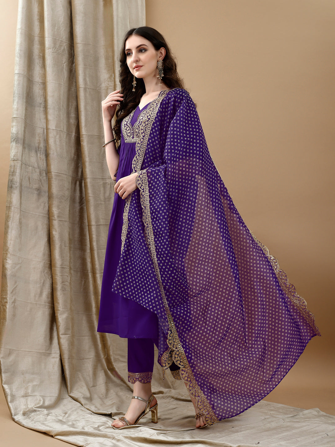 Embroidered Kurta with pant & Bandhani printed Embroidered Dupatta