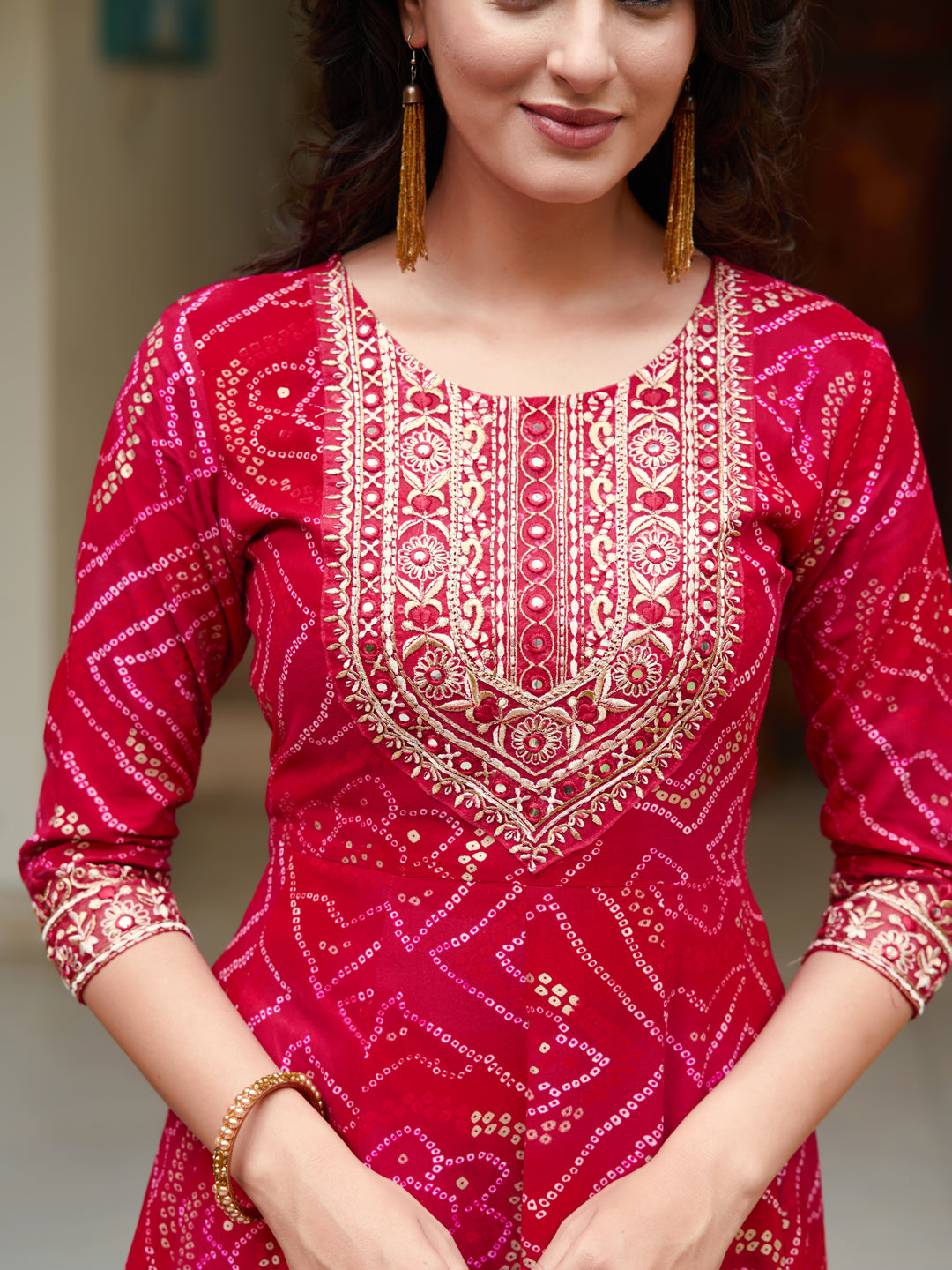 Embroidered & Bandhani Printed Flared Kurta with Pant & Printed Dupatta