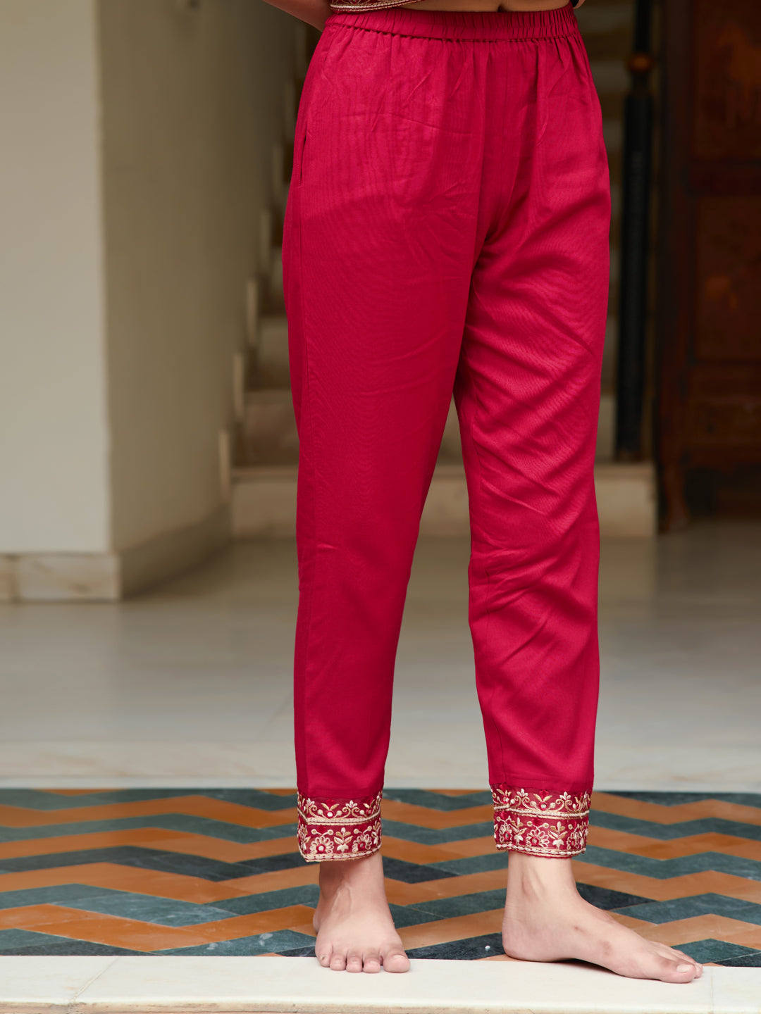 Embroidered & Bandhani Printed Flared Kurta with Pant & Printed Dupatta