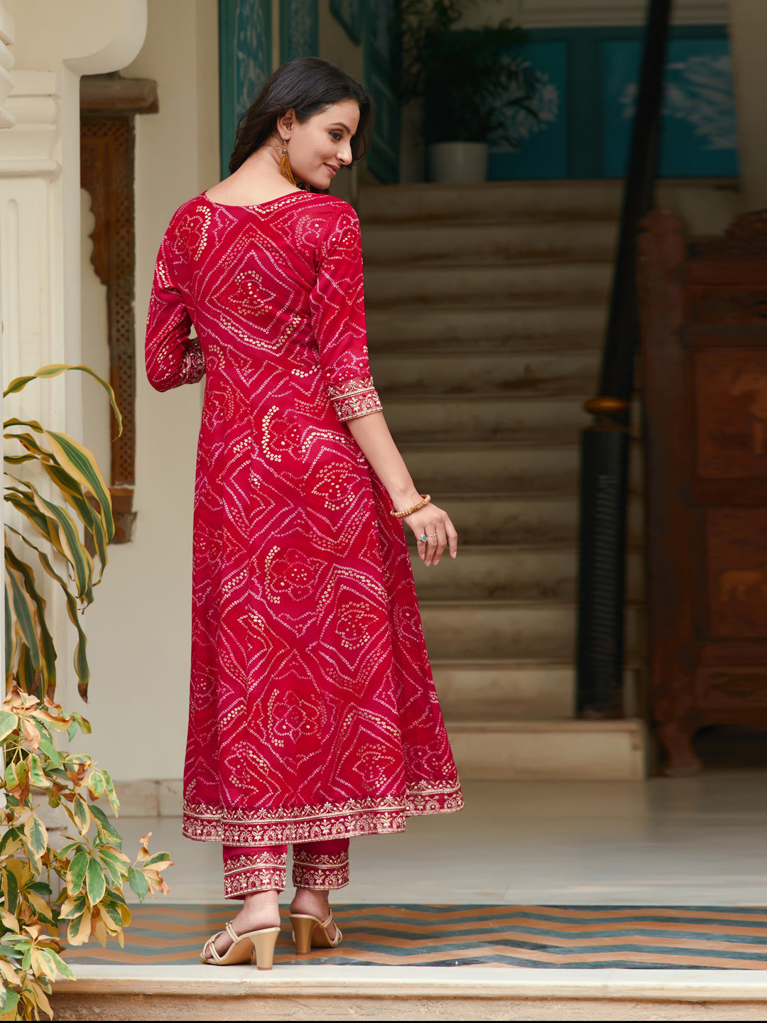 Embroidered & Bandhani Printed Flared Kurta with Pant & Printed Dupatta