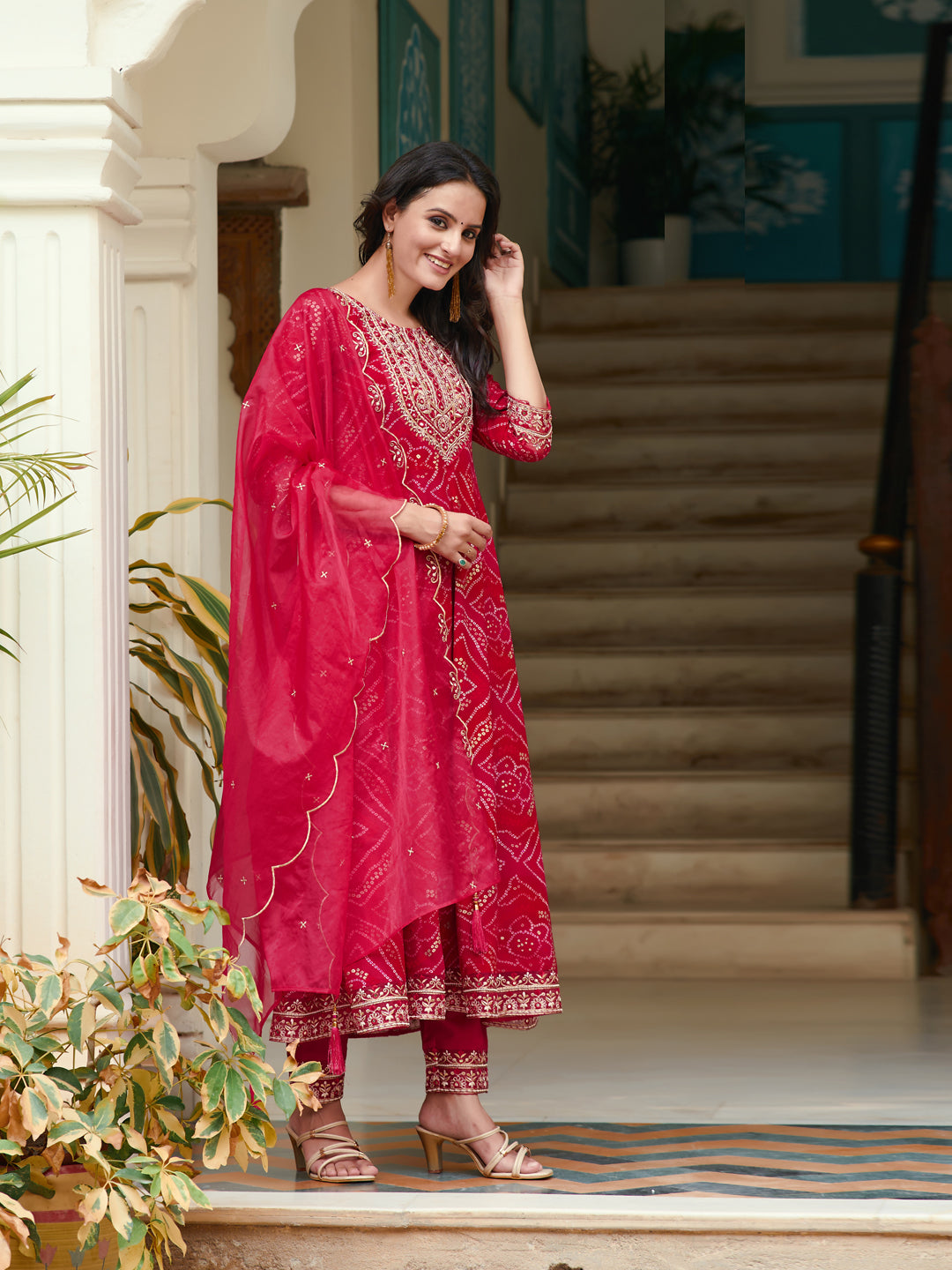 Embroidered & Bandhani Printed Flared Kurta with Pant & Printed Dupatta