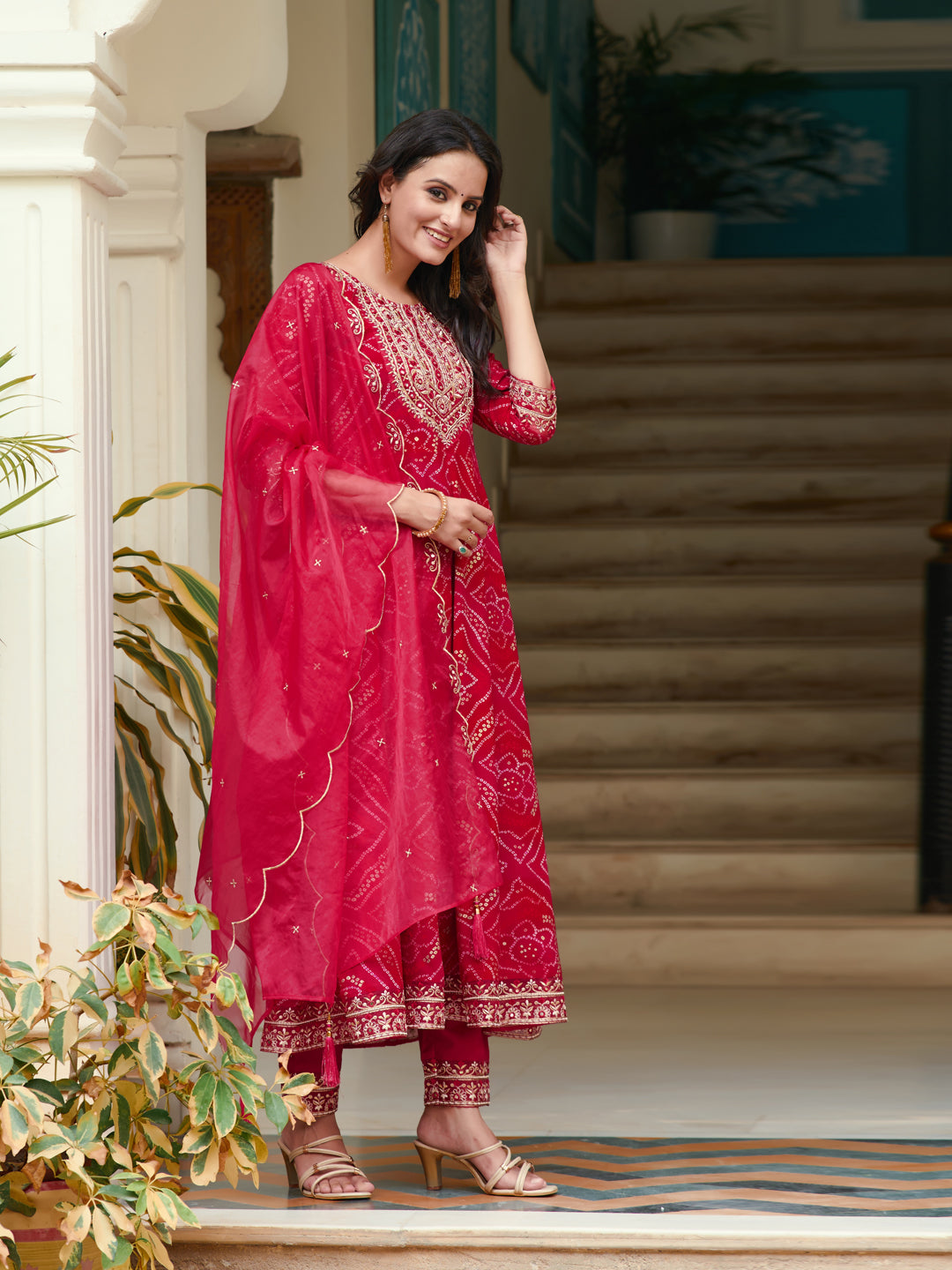 Embroidered & Bandhani Printed Flared Kurta with Pant & Printed Dupatta