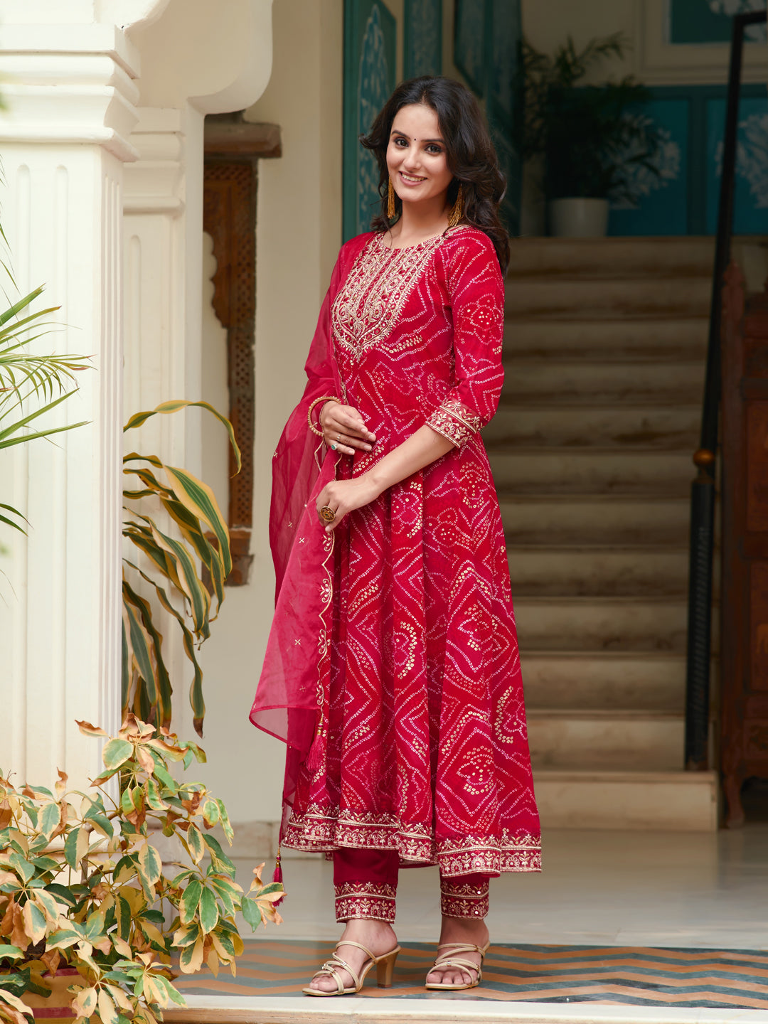 Embroidered & Bandhani Printed Flared Kurta with Pant & Printed Dupatta