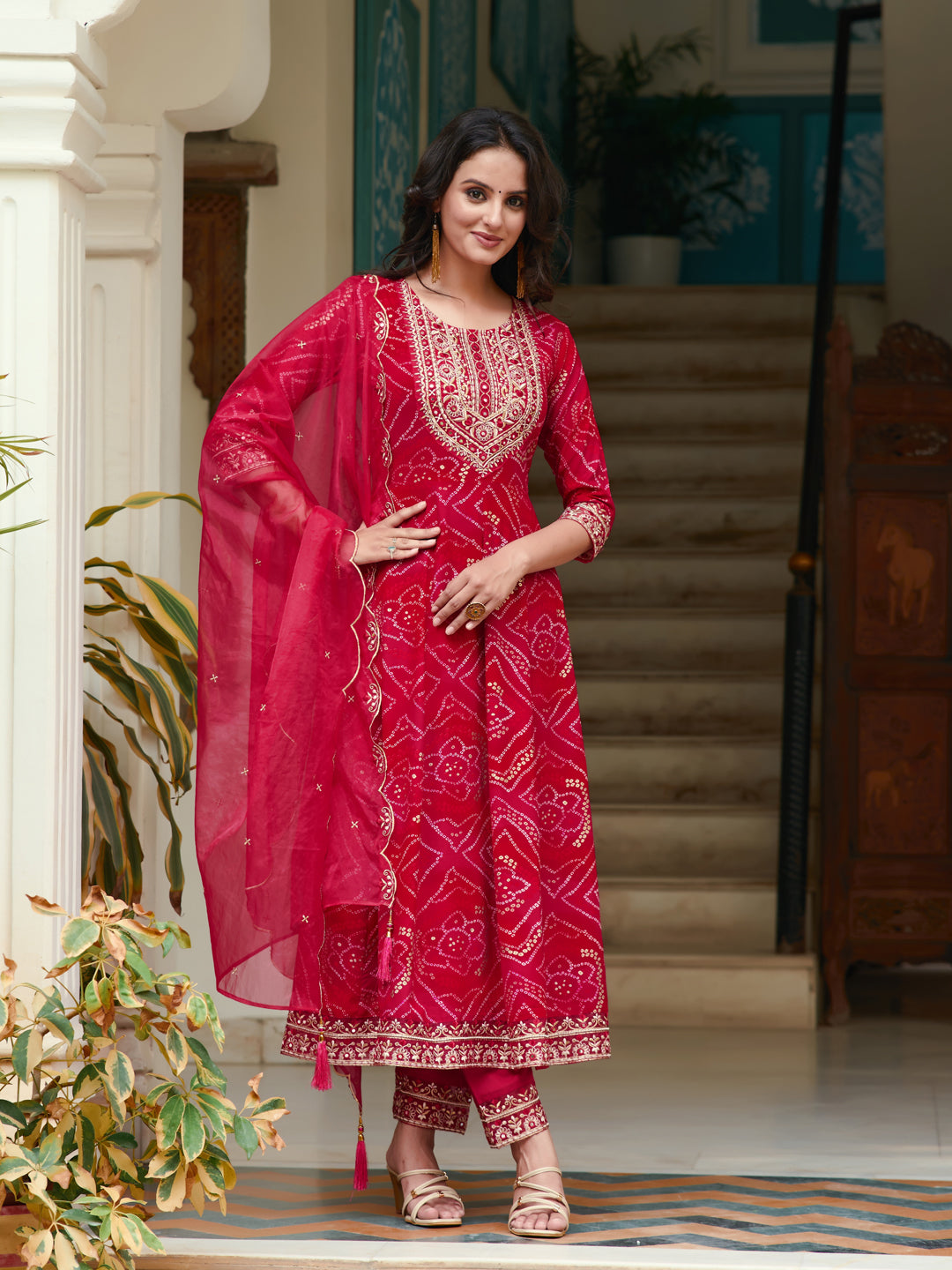 Embroidered & Bandhani Printed Flared Kurta with Pant & Printed Dupatta