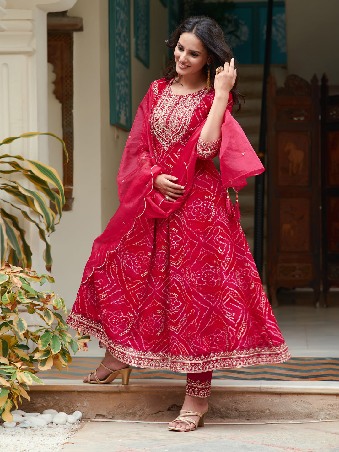 Embroidered & Bandhani Printed Flared Kurta with Pant & Printed Dupatta