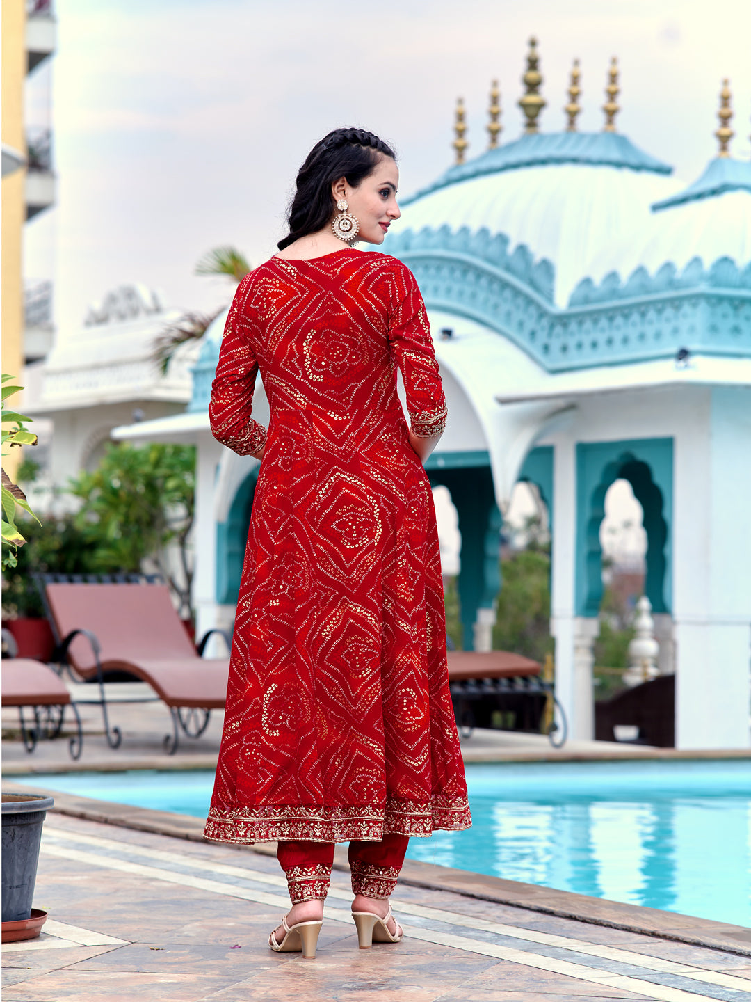 Embroidered & Bandhani Printed Flared Kurta with Pant & Printed Dupatta