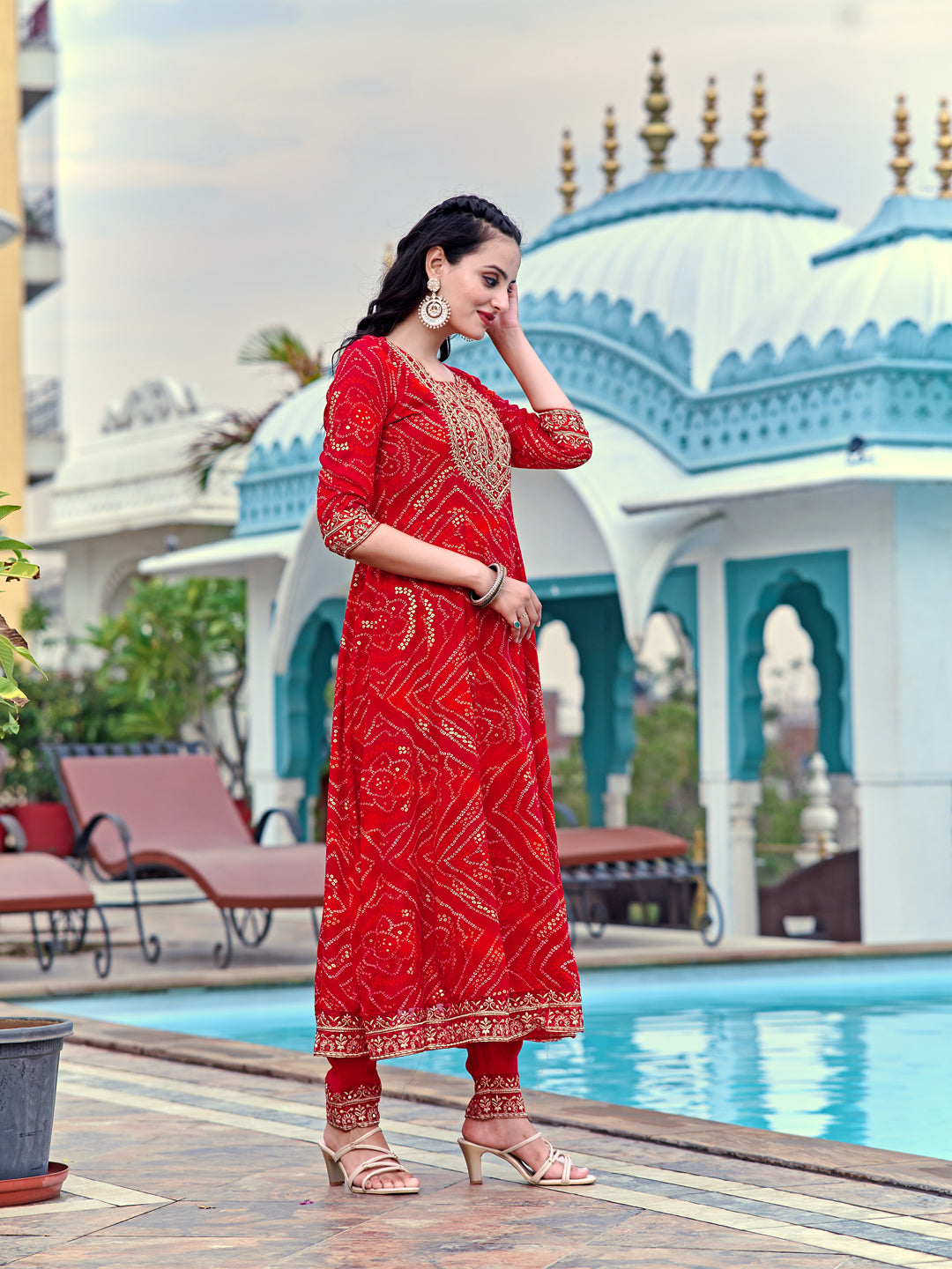 Embroidered & Bandhani Printed Flared Kurta with Pant & Printed Dupatta