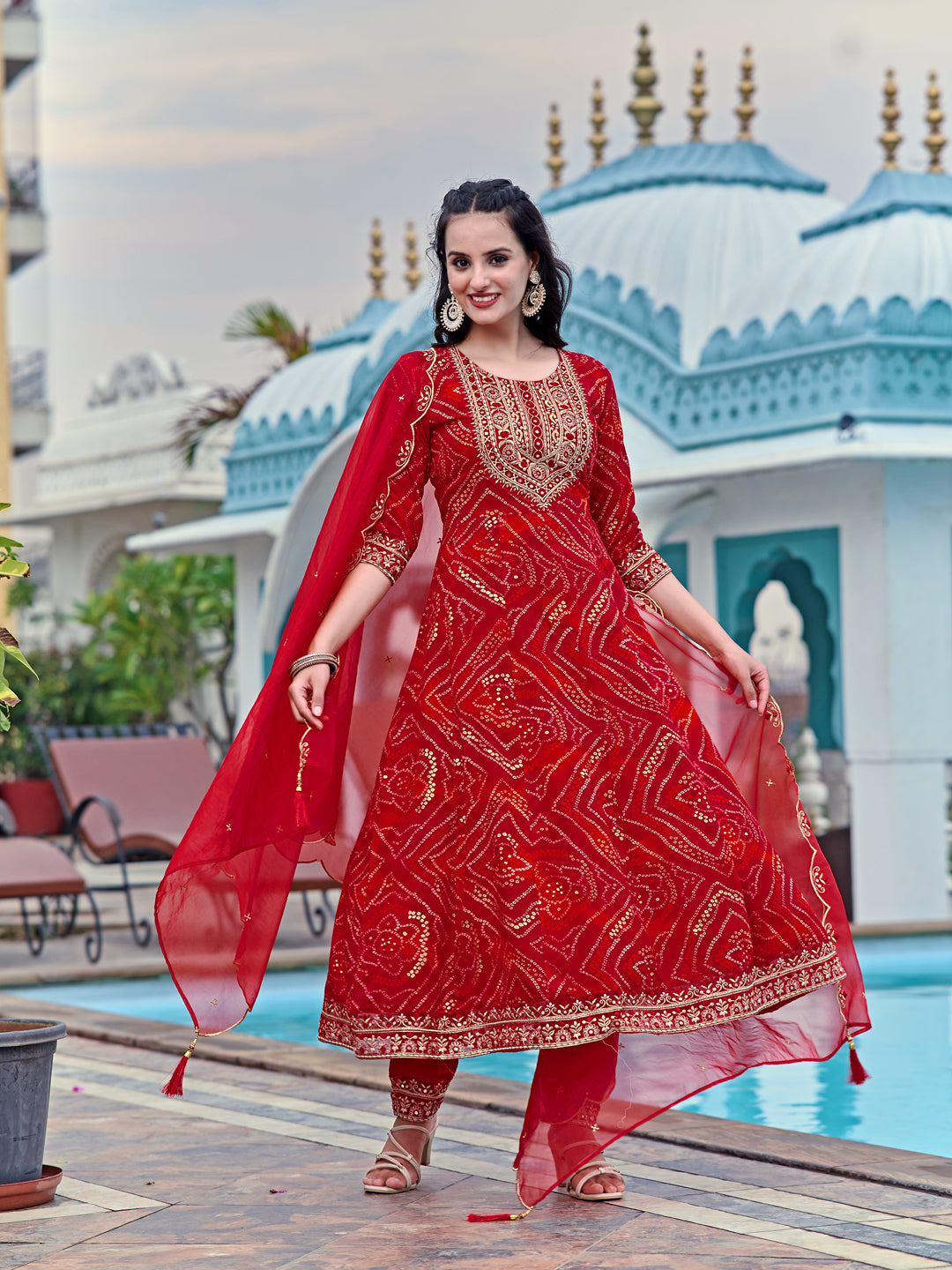 Embroidered & Bandhani Printed Flared Kurta with Pant & Printed Dupatta