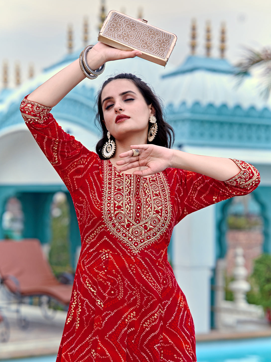 Embroidered & Bandhani Printed Flared Kurta with Pant & Printed Dupatta