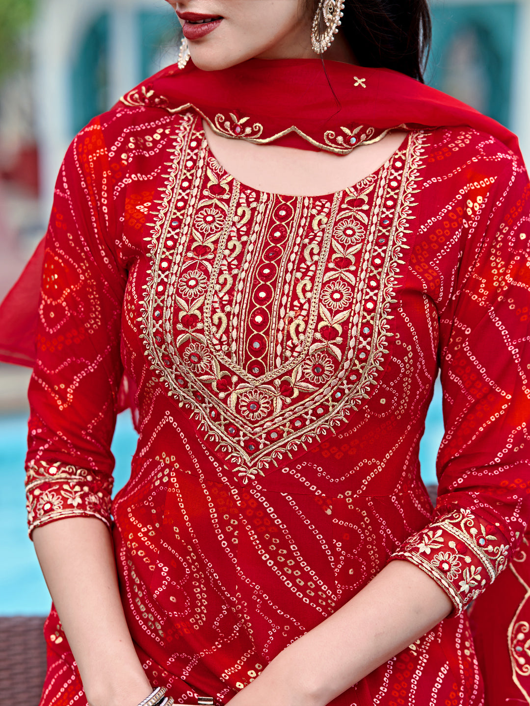 Embroidered & Bandhani Printed Flared Kurta with Pant & Printed Dupatta